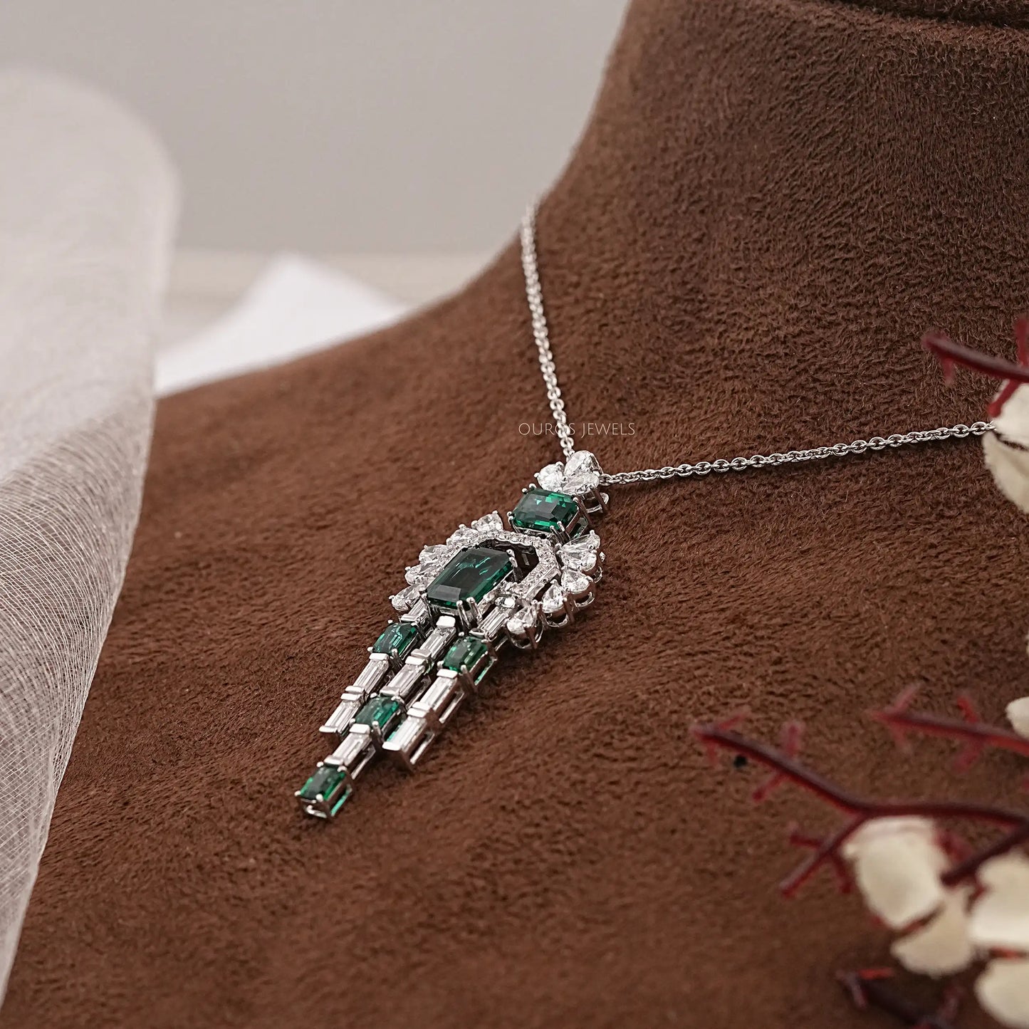 Green Emerald And Baguette Cut Lab Diamond Pendant