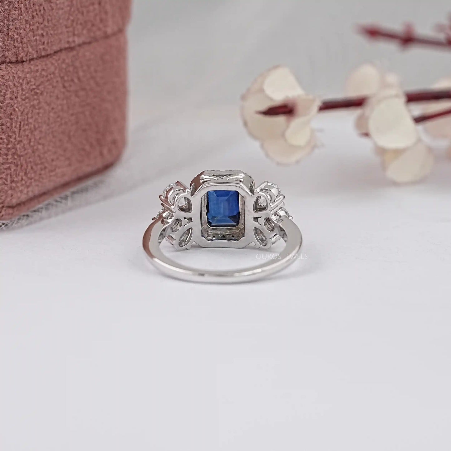 Blue Emerald Cut Halo Lab Diamond Ring