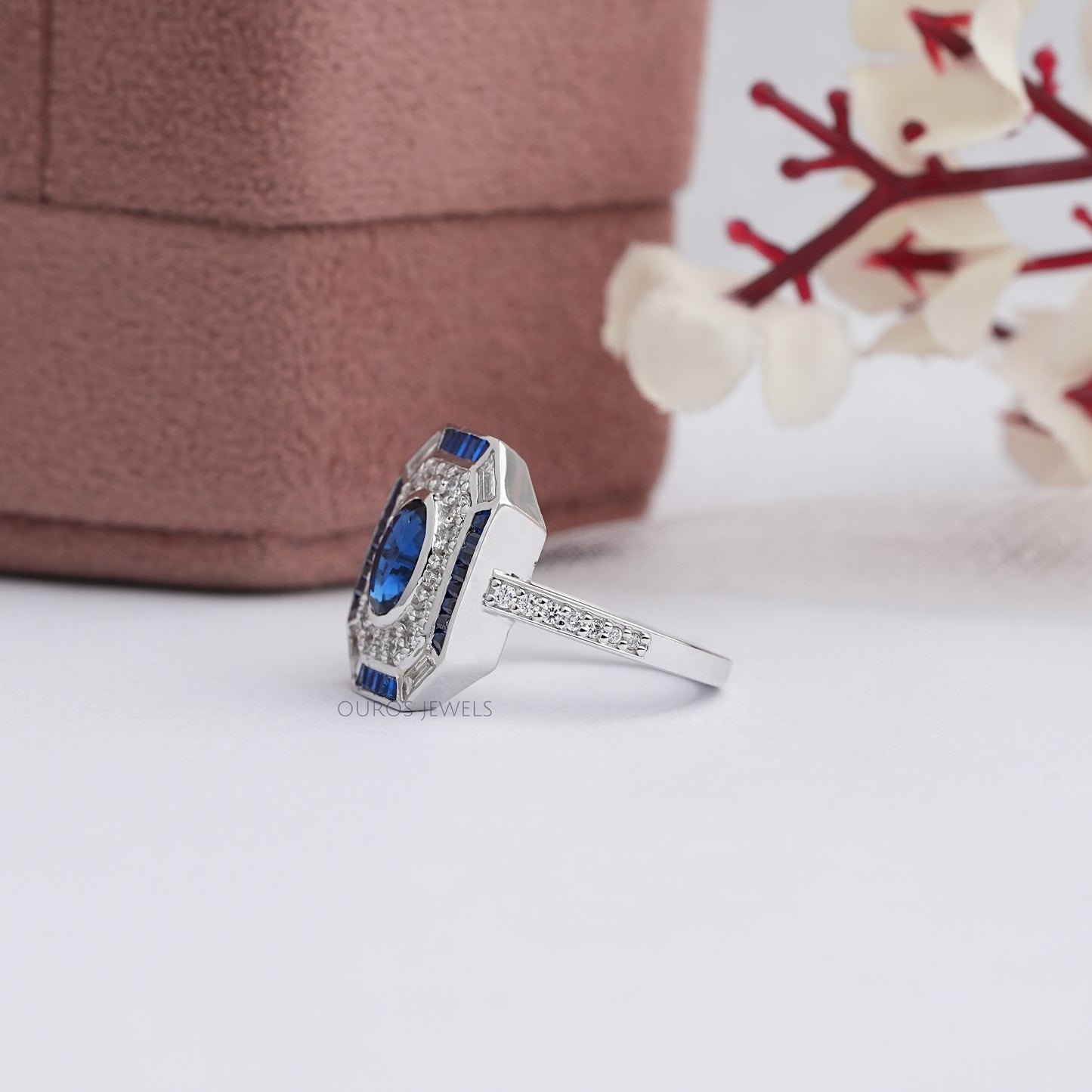 Blue Oval Cut Halo With Accent Diamond Ring