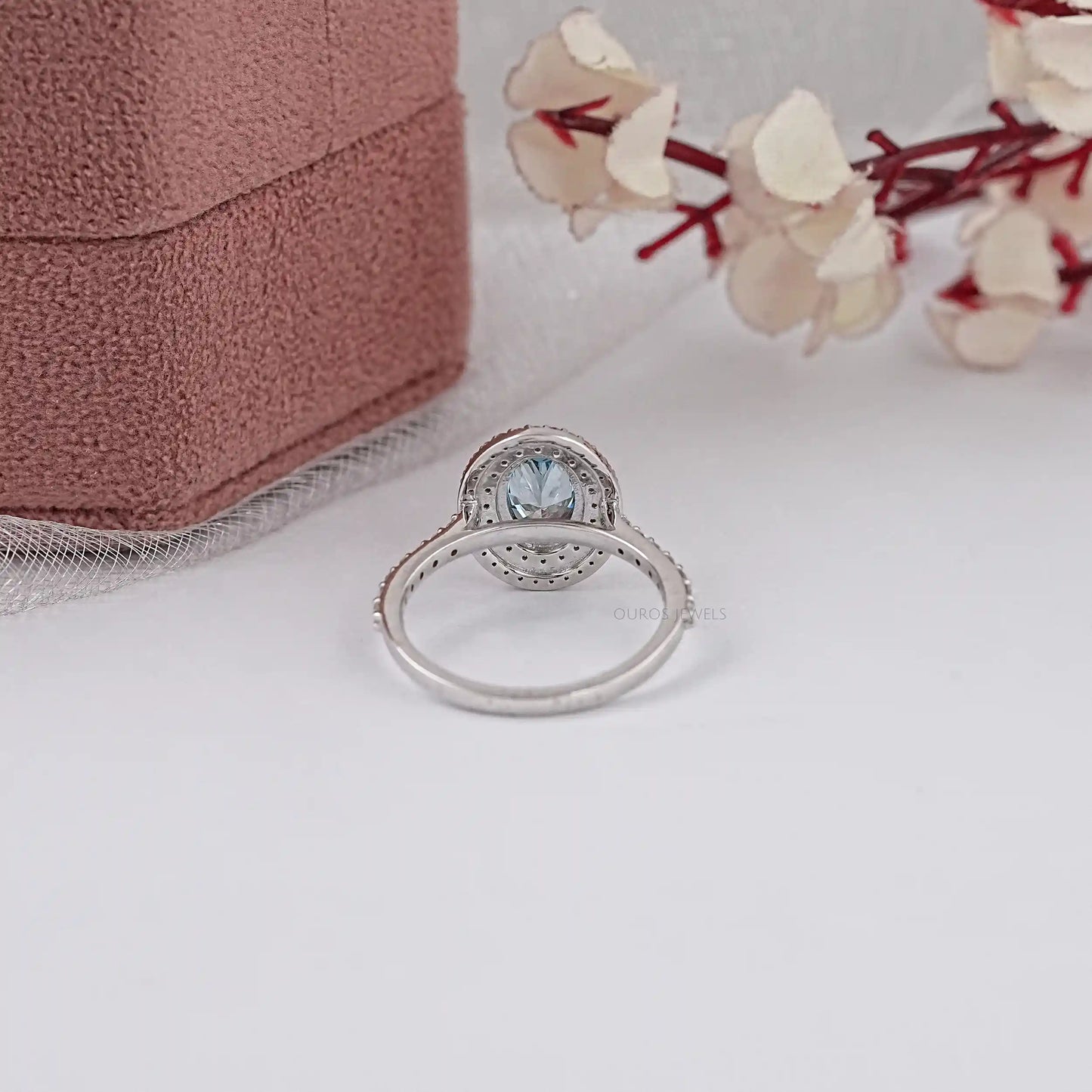 Blue Oval Cut Double Halo Lab Diamond Ring