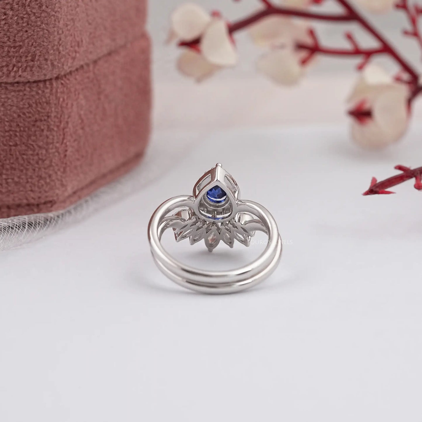 Blue Sapphira Pear Cut Halo Diamond Ring
