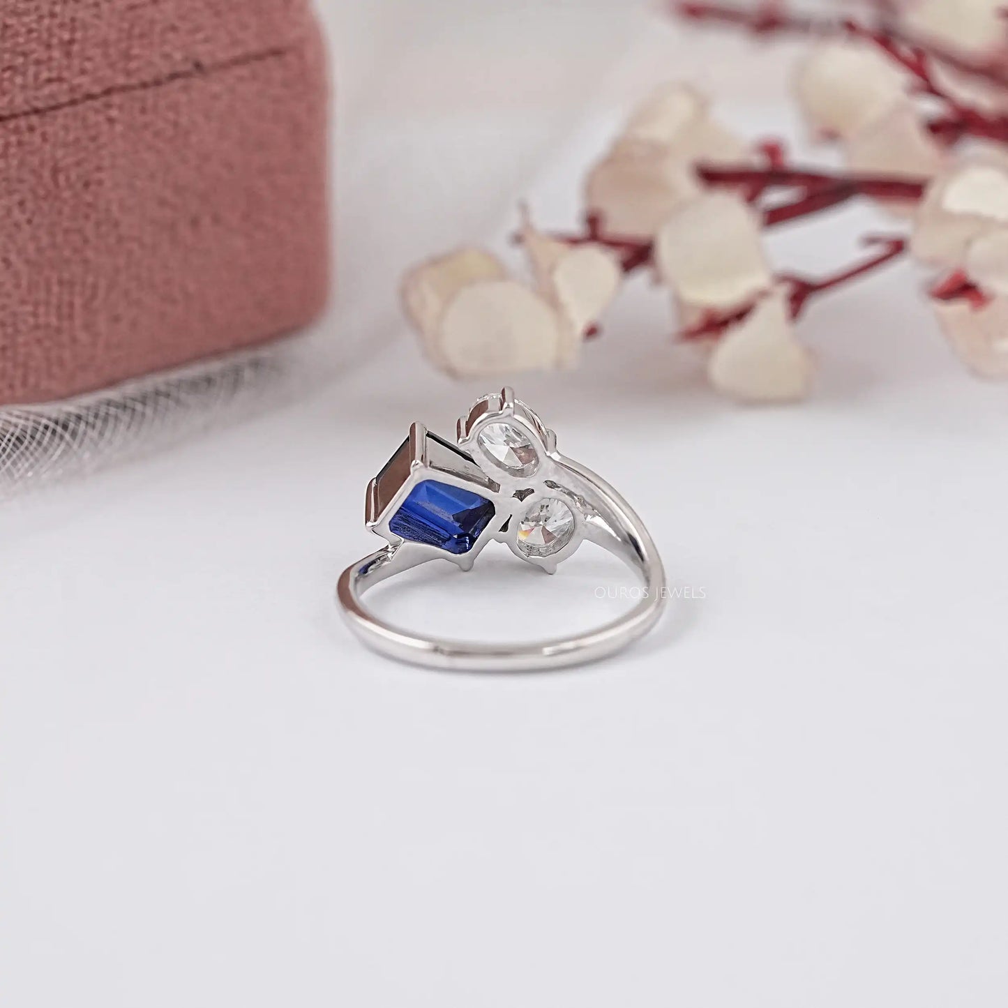Blue Emerald Cut Three Stone Lab Diamond Ring