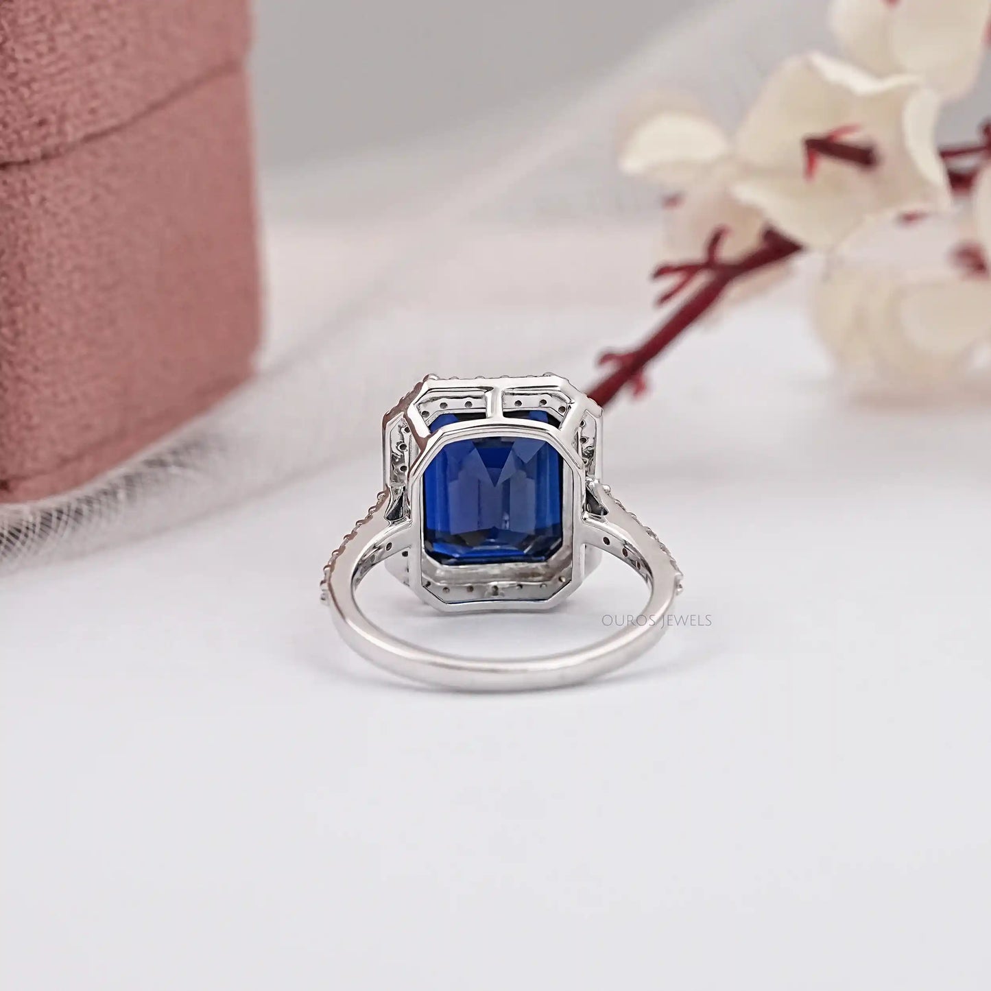 Blue Emerald Cut Halo With Accent Diamond Ring
