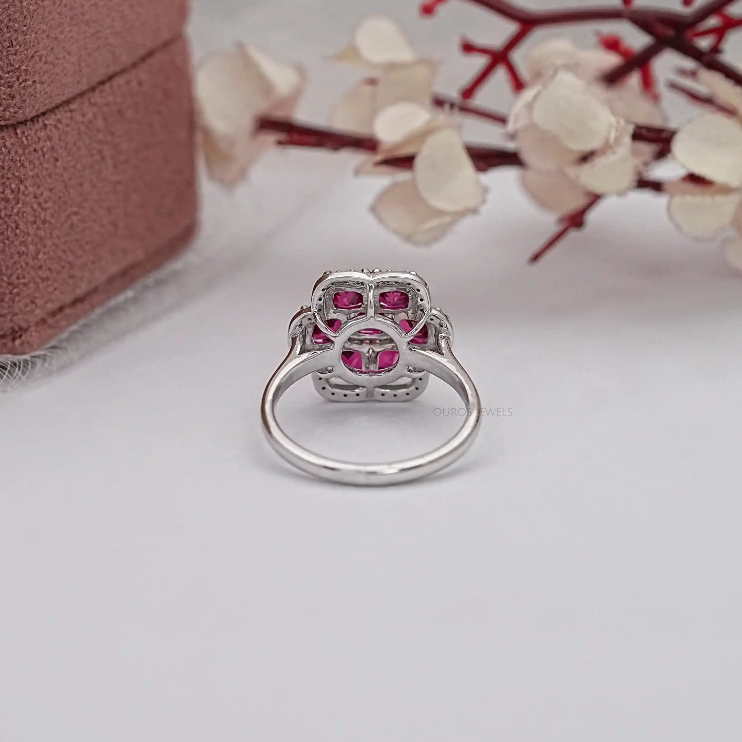 Red Ruby Cushion Cut Halo Diamond Ring