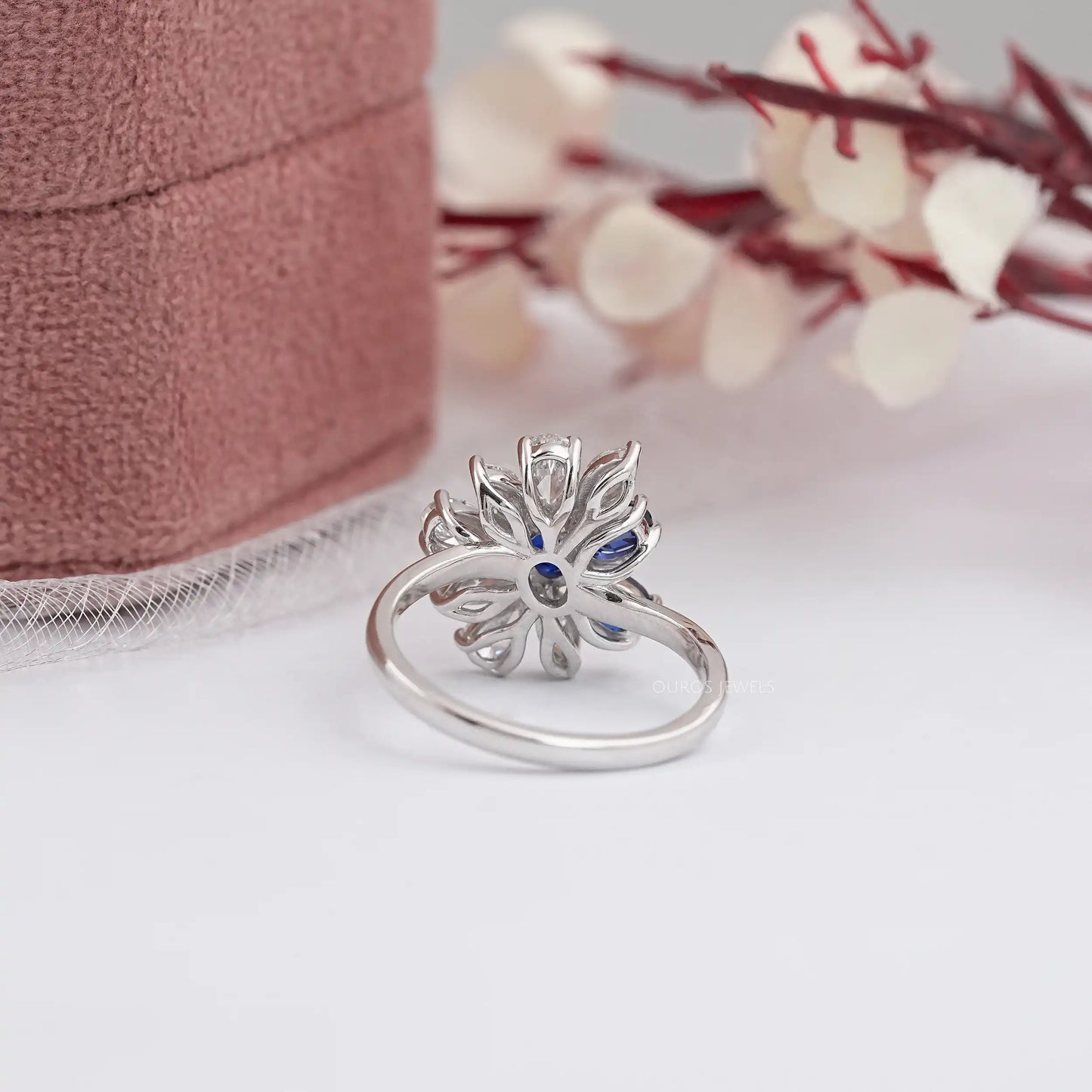 Blue Sapphire Oval Gemstone Cluster Diamond Ring