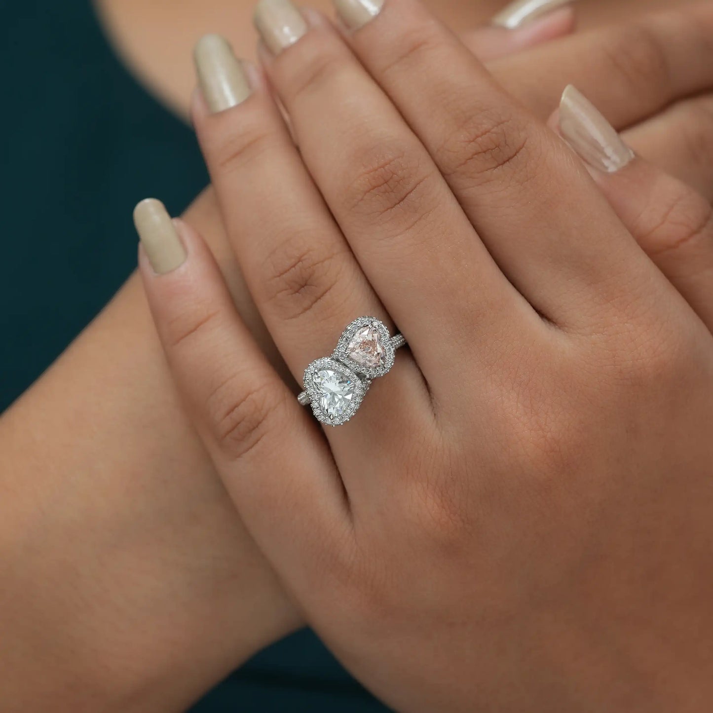 Two Stone Fancy Pink Heart Cut Halo Diamond Engagement Ring