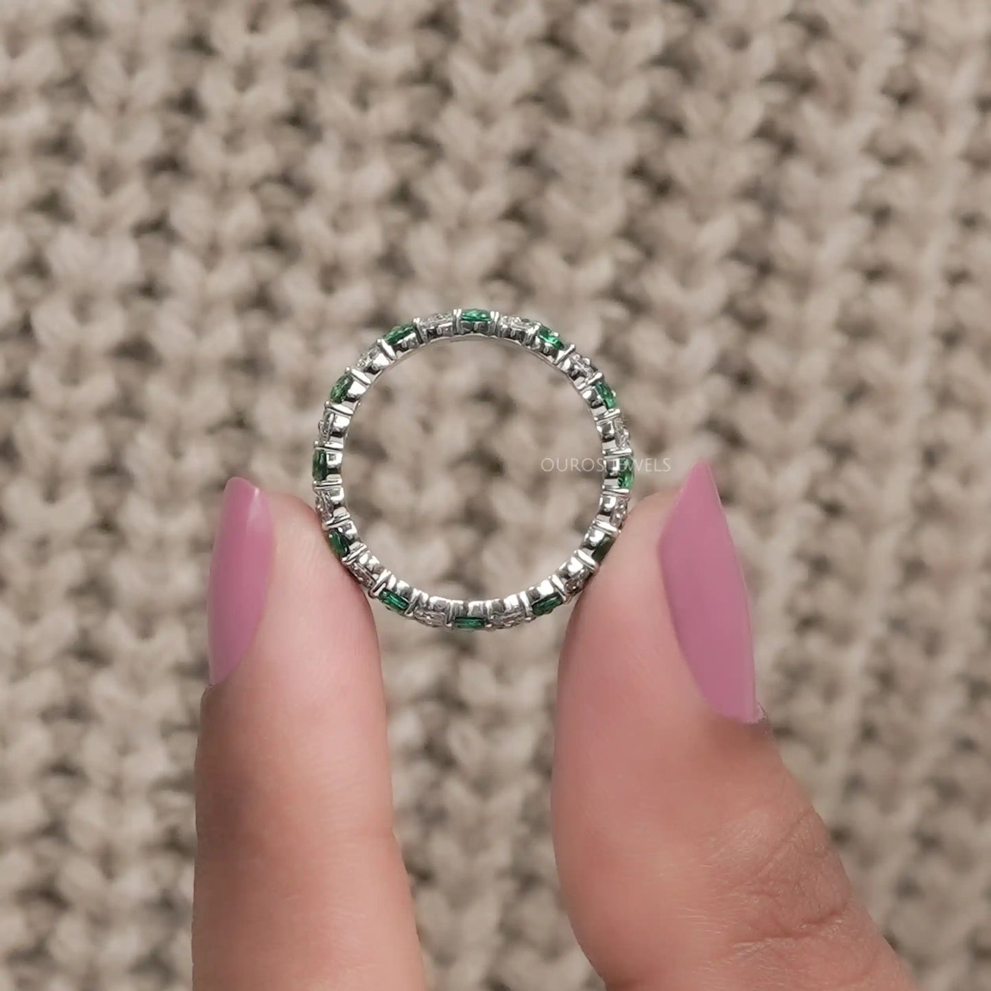 Green Round Cut Lab Diamond Three Row Full Eternity Band