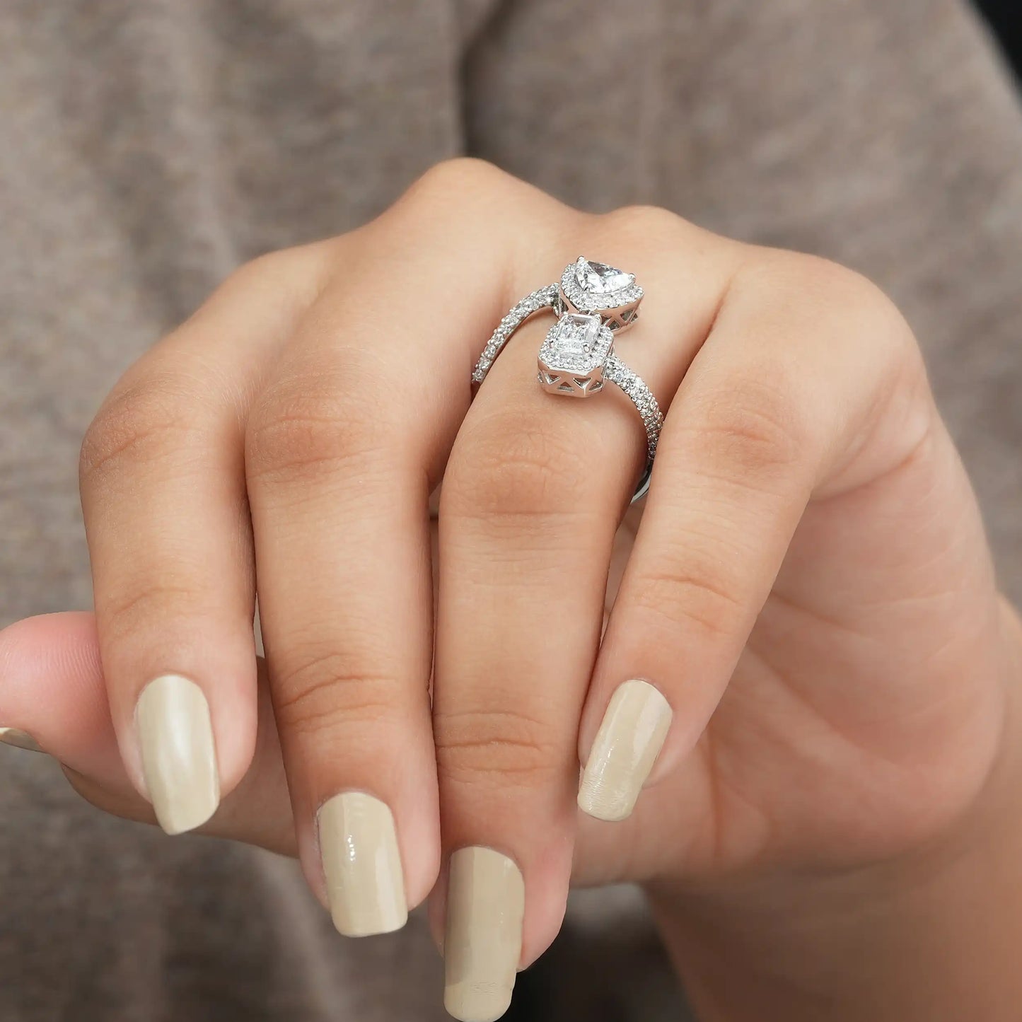 Trillion And Emerald Cut Halo Open Cuff Engagement Ring