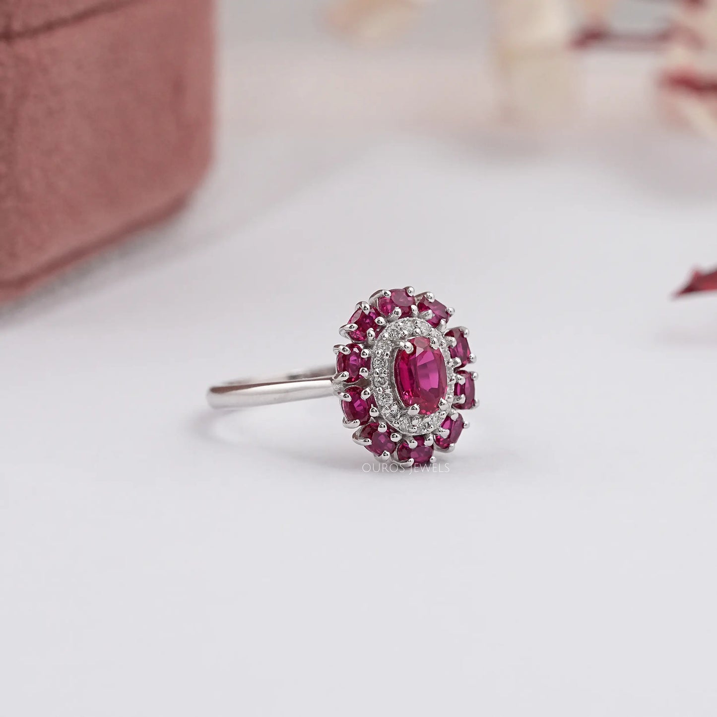 Red Ruby Oval Double Halo Engagement Ring