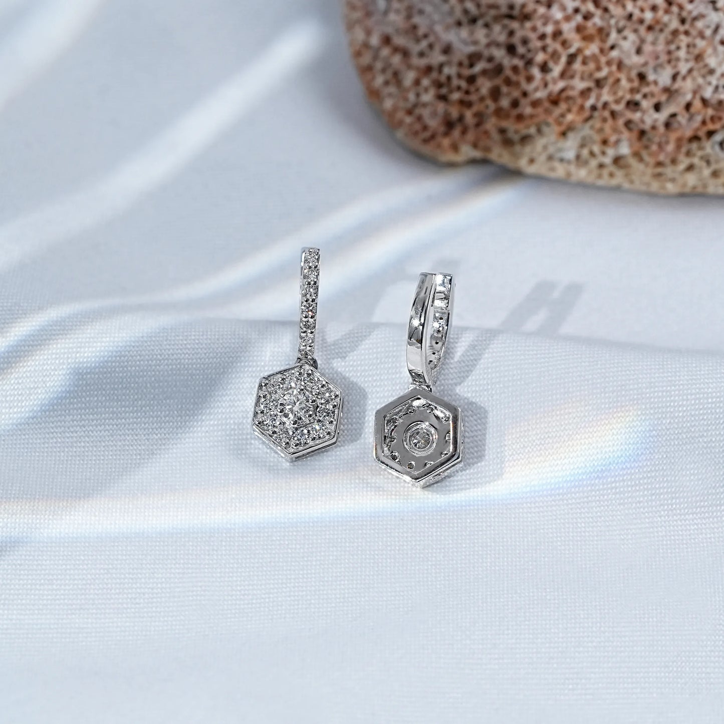 Hexagon Shape Round Diamond Drop Earrings
