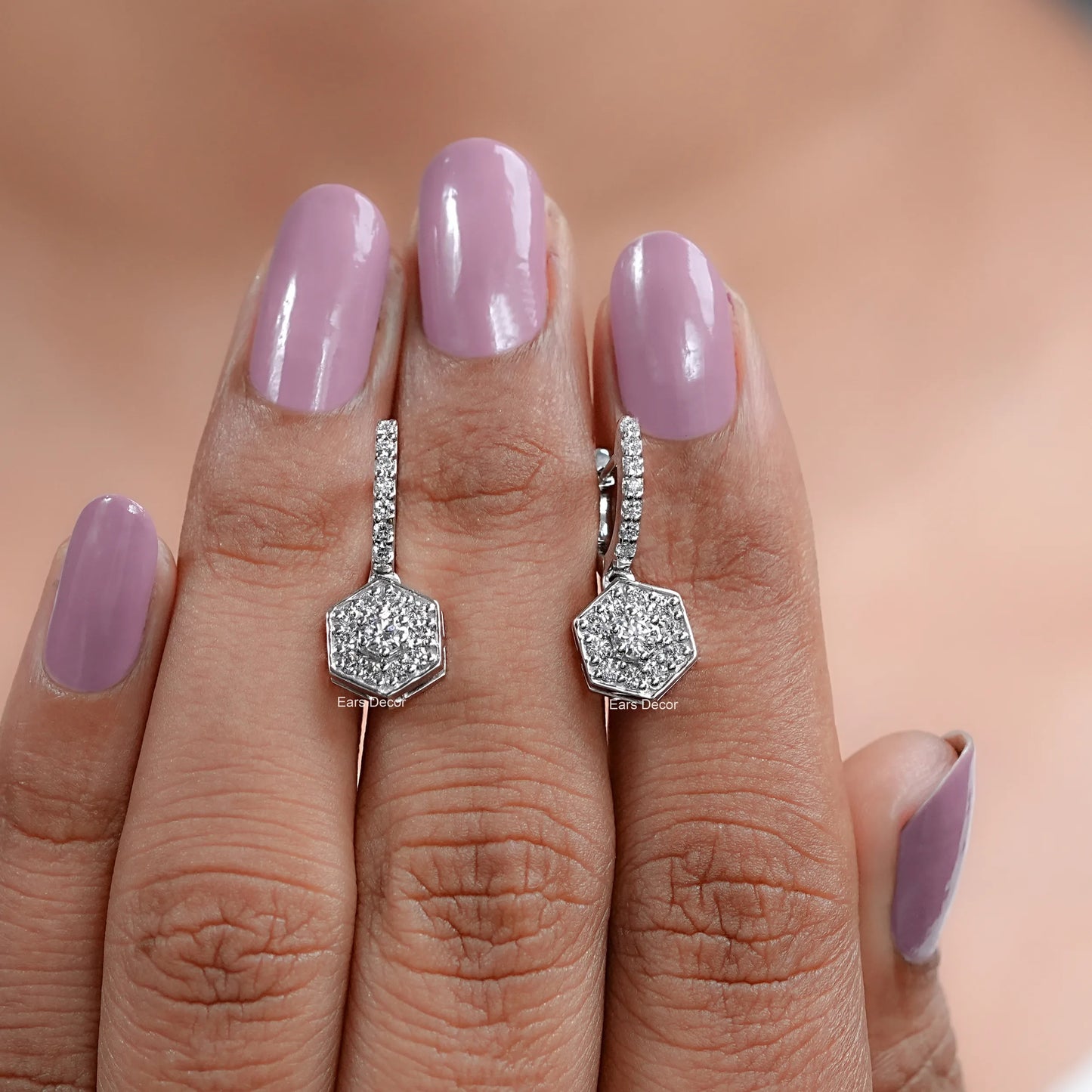 Hexagon Shape Round Diamond Drop Earrings
