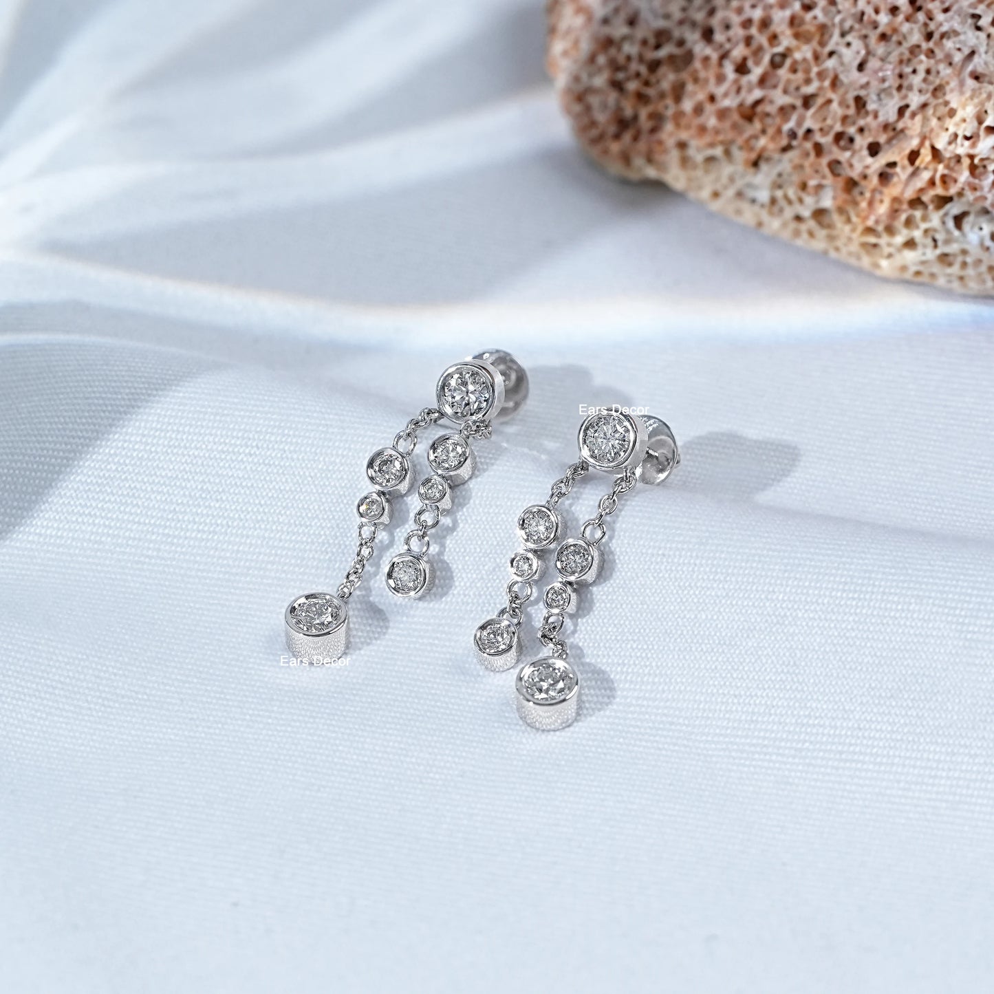 Round Diamond Bezel Chain Dangle Earrings