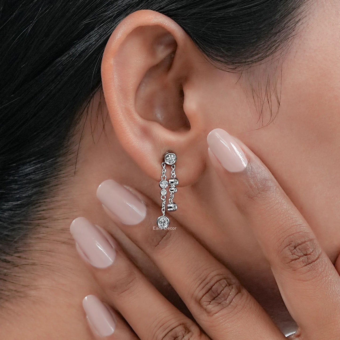 Round Diamond Bezel Chain Dangle Earrings