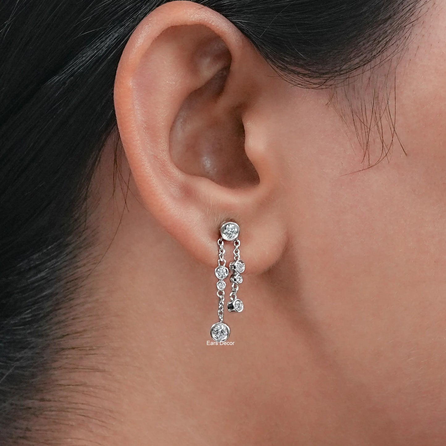 Round Diamond Bezel Chain Dangle Earrings