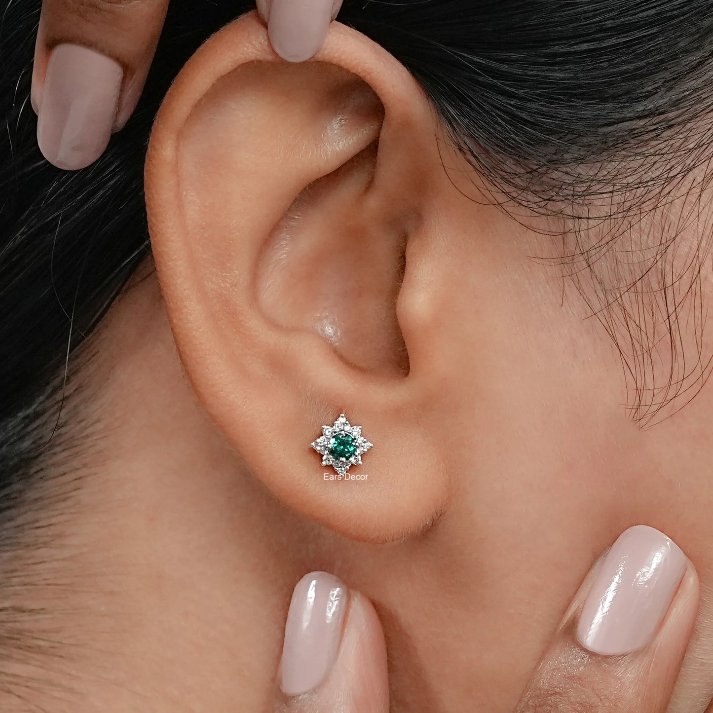Emerald Gemstone And Diamond Stud Earrings