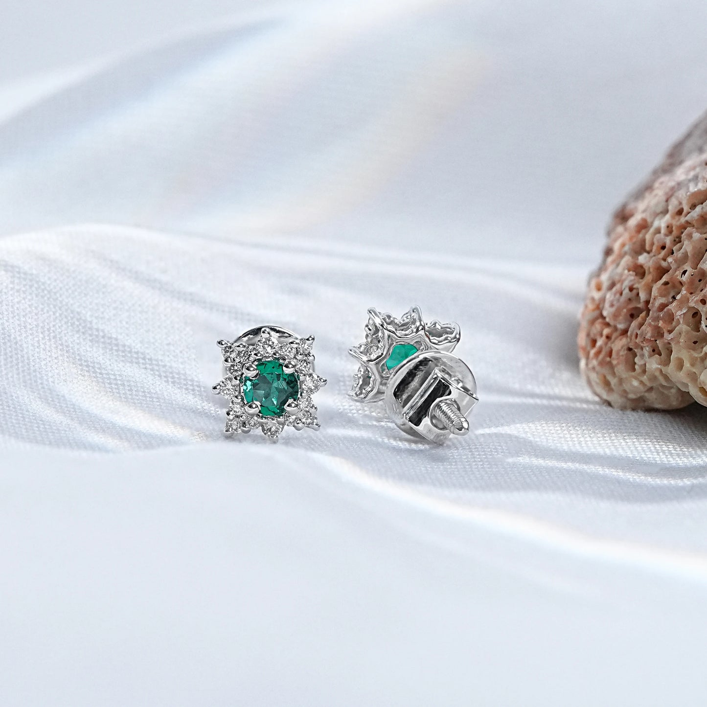 Emerald Gemstone And Diamond Stud Earrings