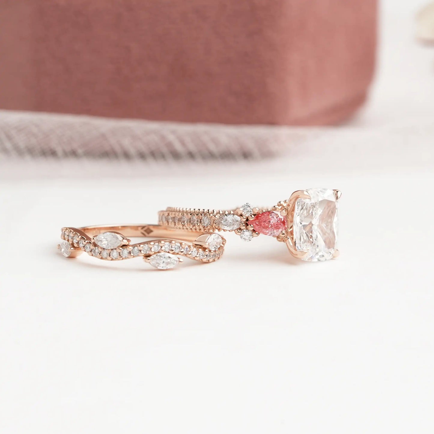 Cushion Cut With Fancy Pink Pear Lab Diamond Bridal Ring Set