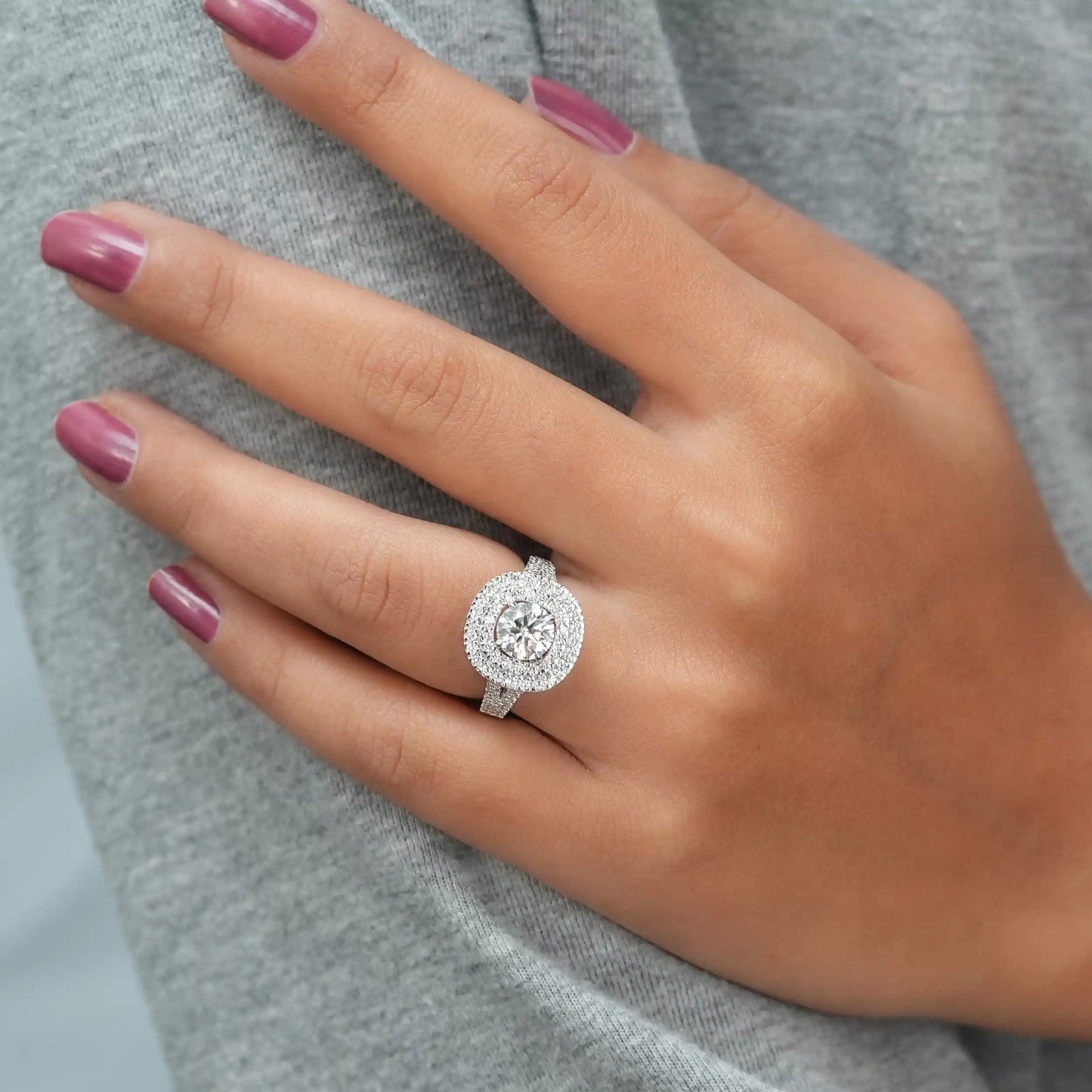 Round Cut Double Halo With Accent Lab Diamond Ring