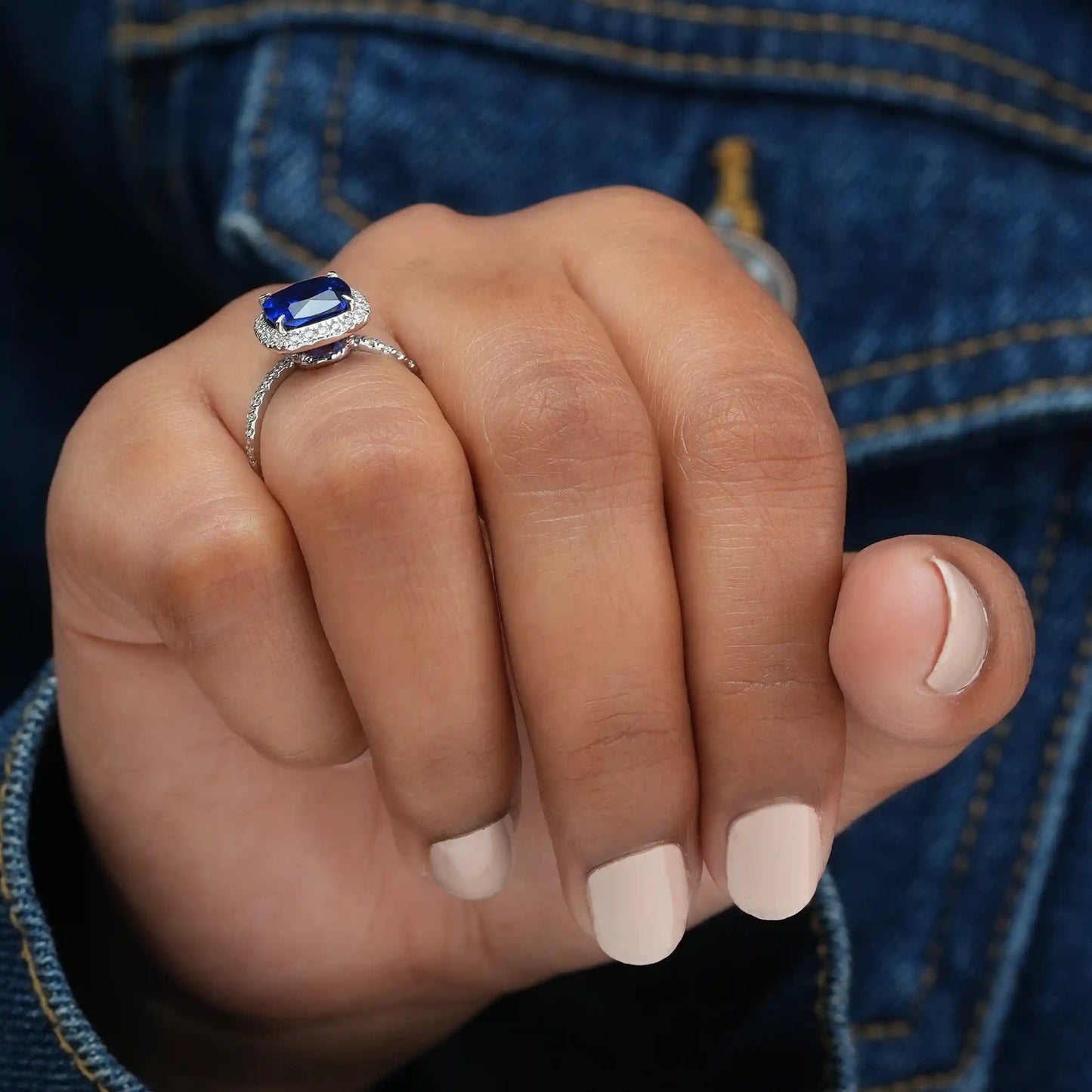 Sapphire Cushion Cut Lab Diamond Halo Engagement Ring