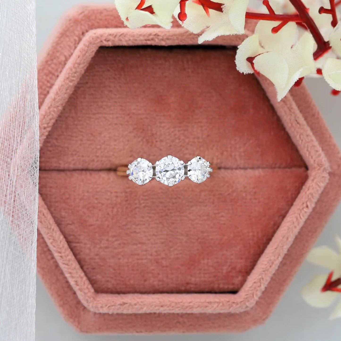 3 Stone Old European Round Cut Lab Diamond Engagement Ring