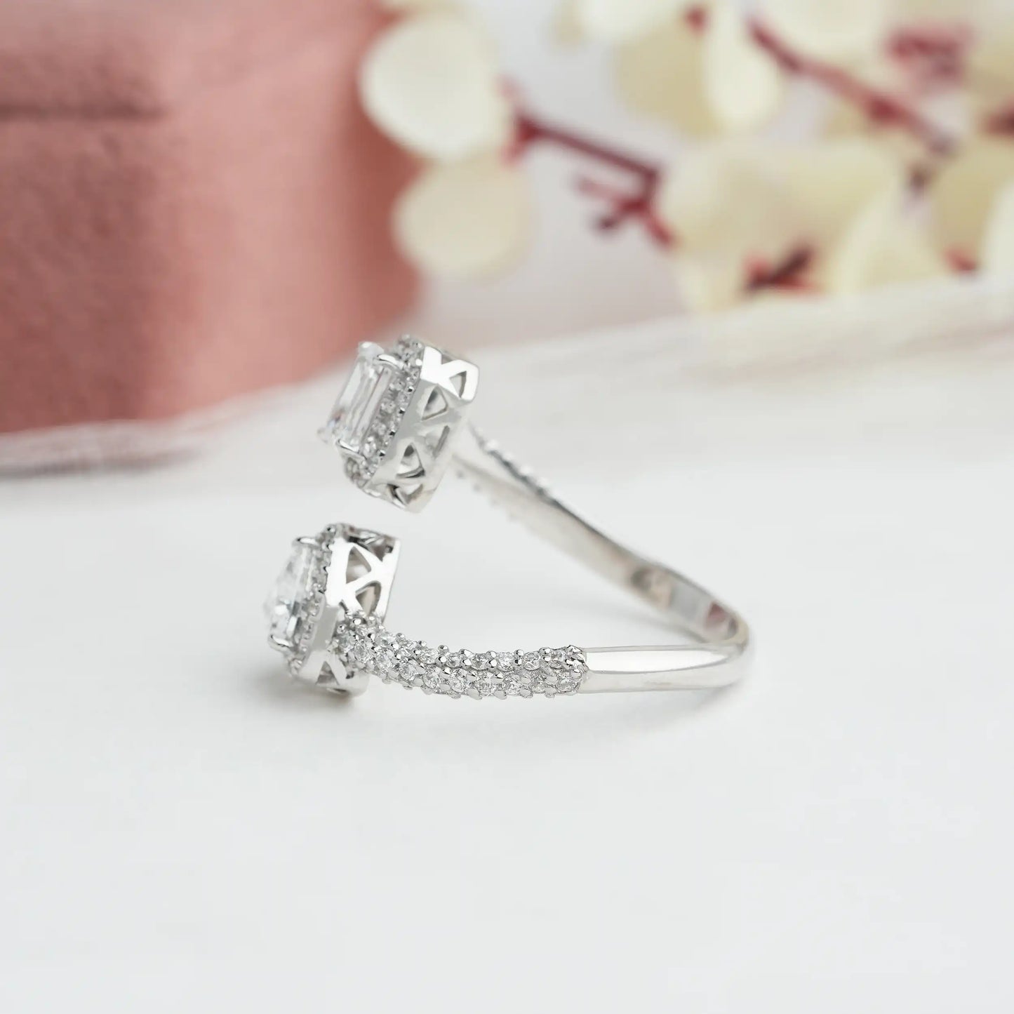 Trillion And Emerald Cut Halo Open Cuff Engagement Ring