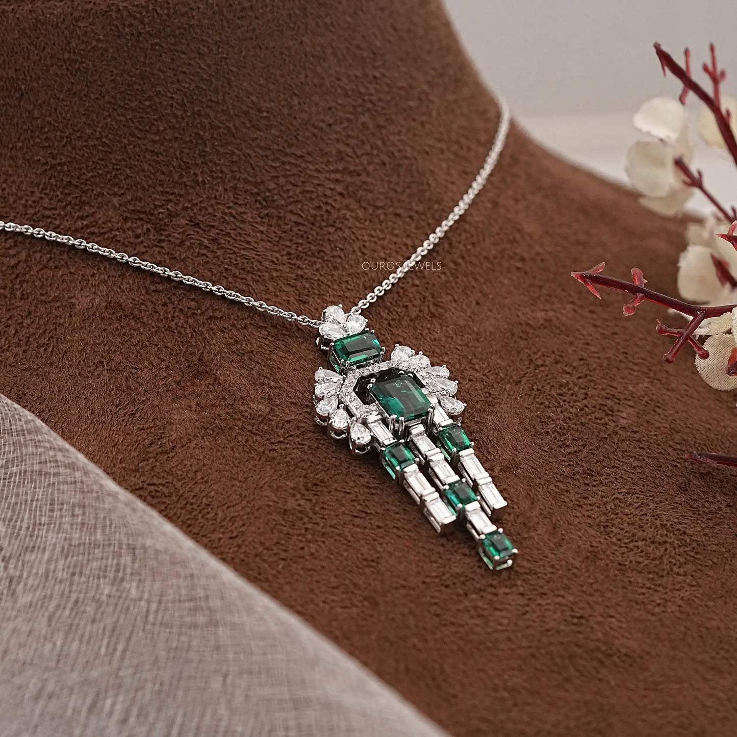 Green Emerald And Baguette Cut Lab Diamond Pendant