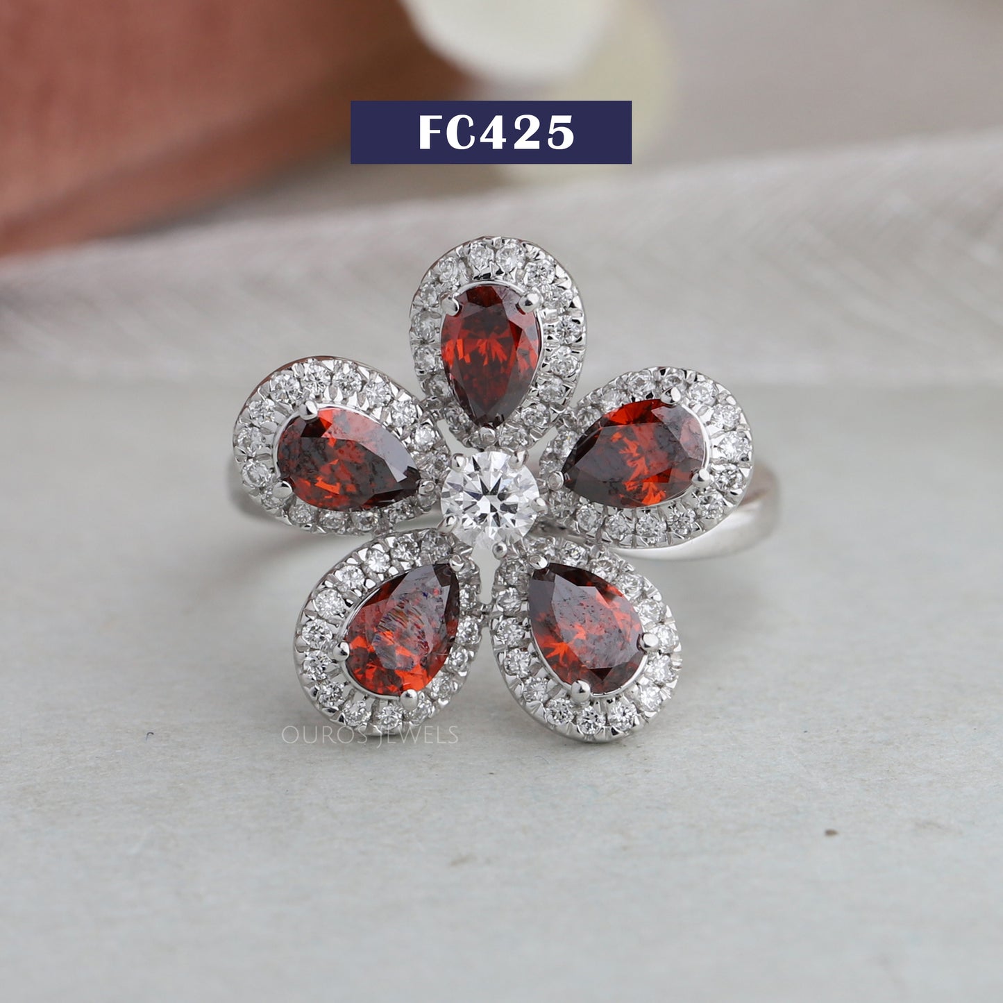 Floral Style Red Pear Diamond Halo Ring