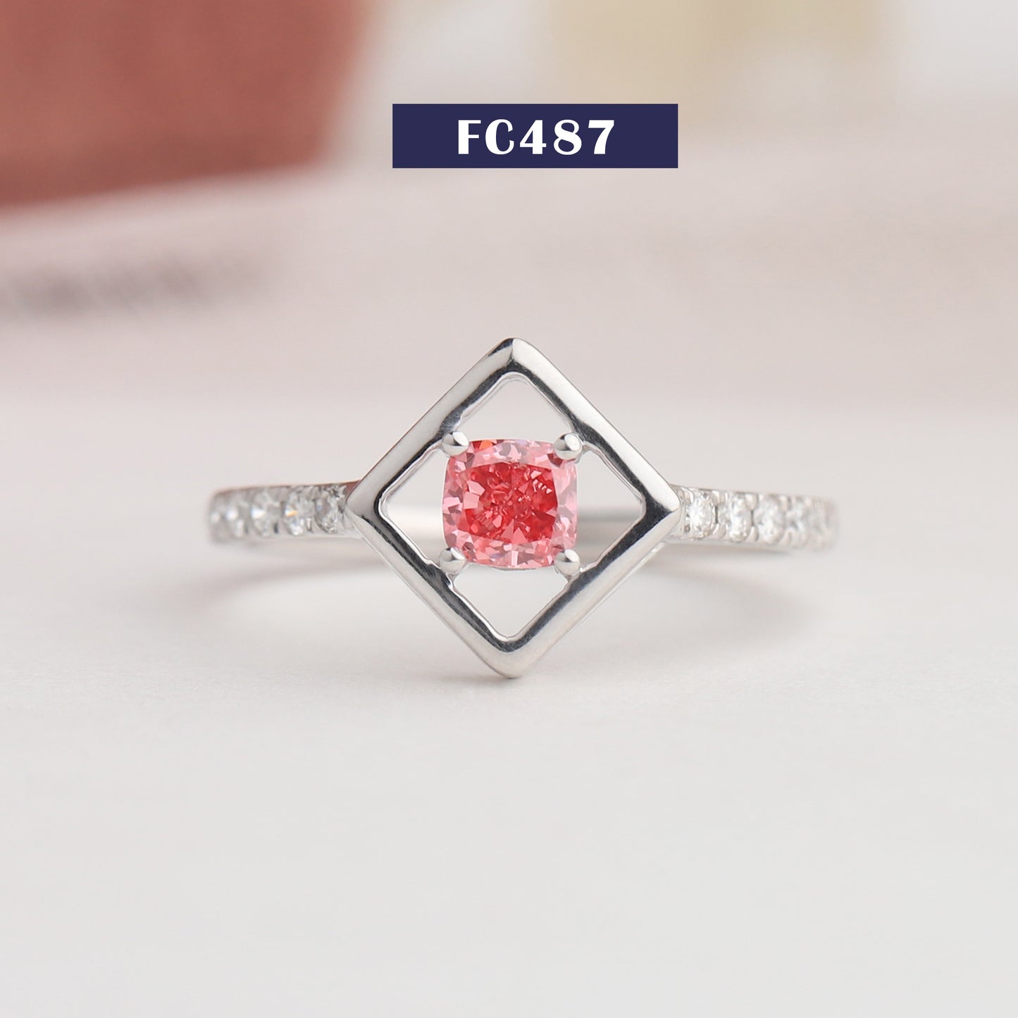 Pink Cushion Cut Solitaire Accent Ring