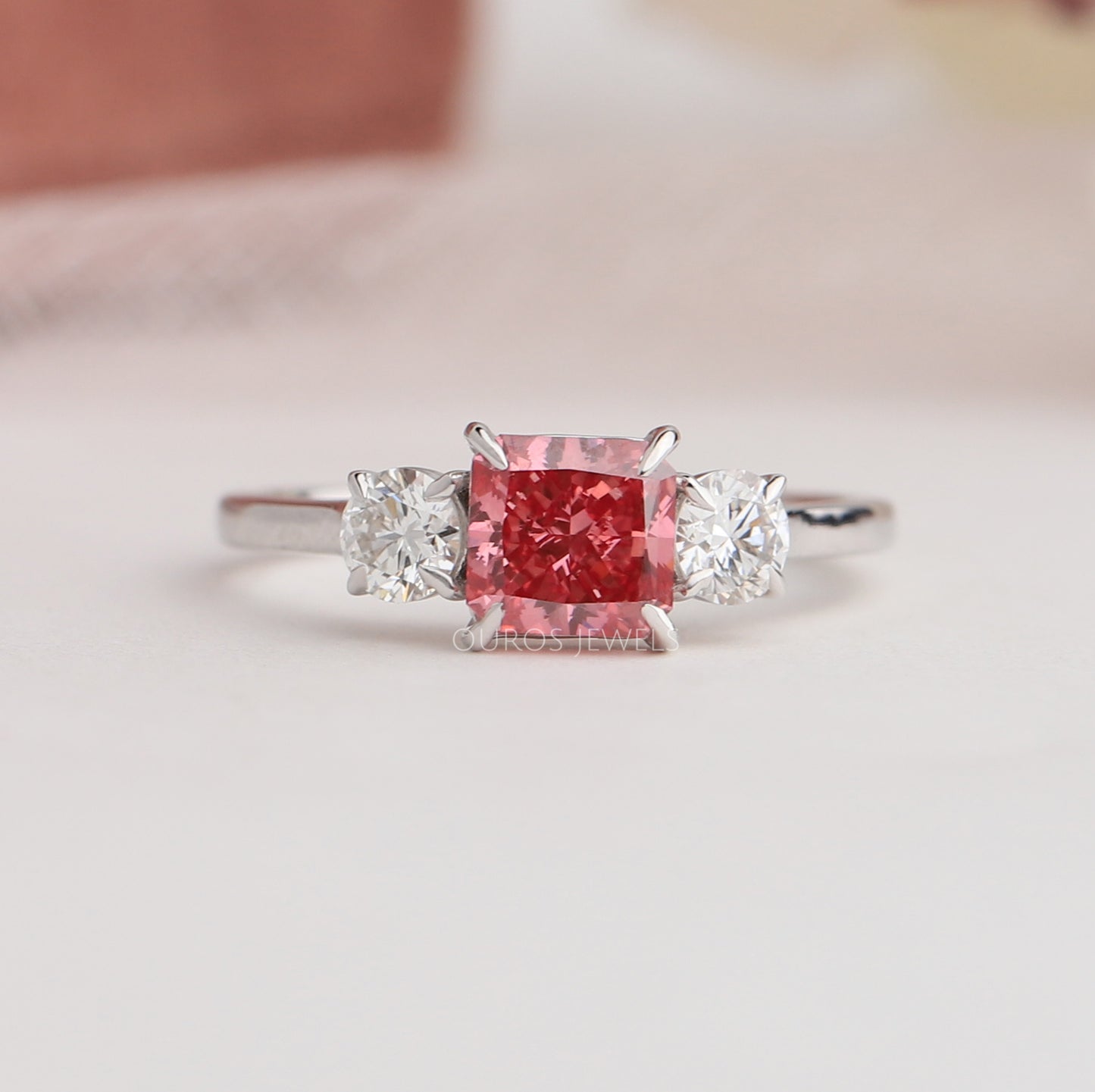 Pink Radiant & Round Cut Three Stone Ring