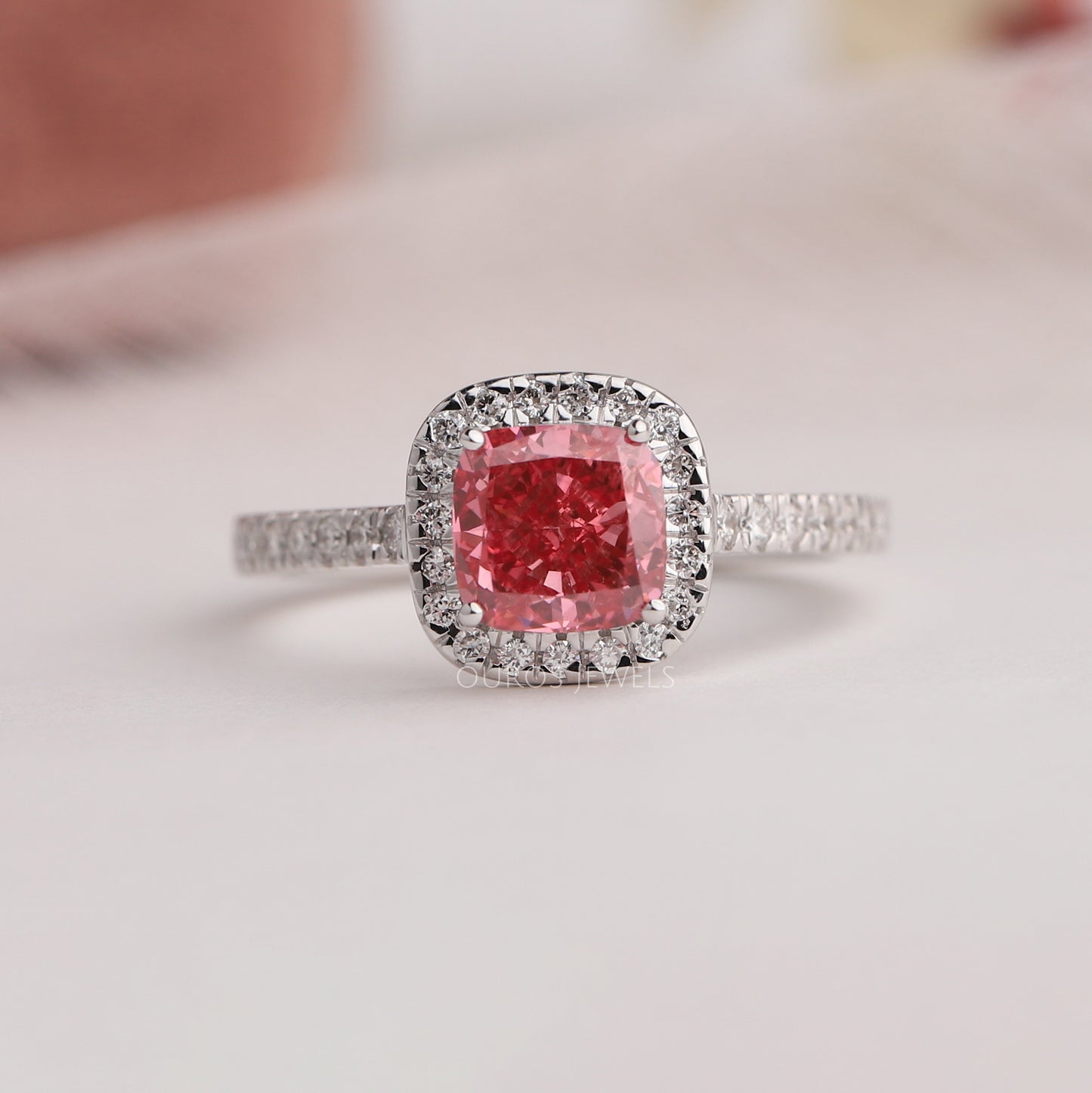 Pink Cushion Lab Diamond Halo Accent Ring