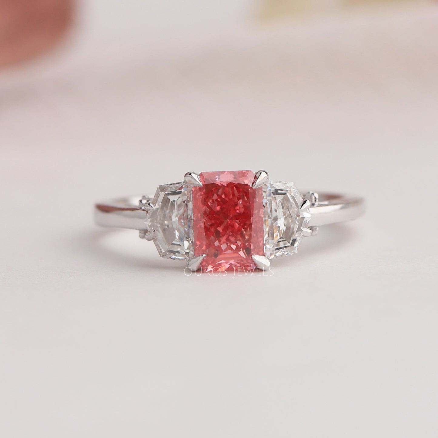 Pink Radiant And Bullet Cut Three Stone Ring