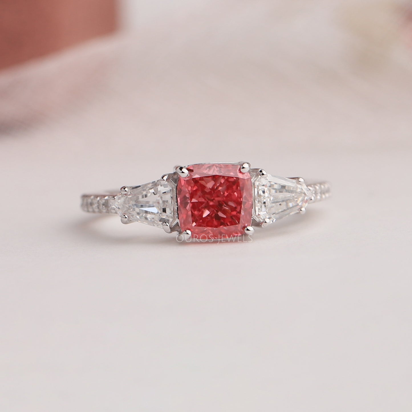Pink Cushion And Shield Cut Lab Diamond Three Stone Ring