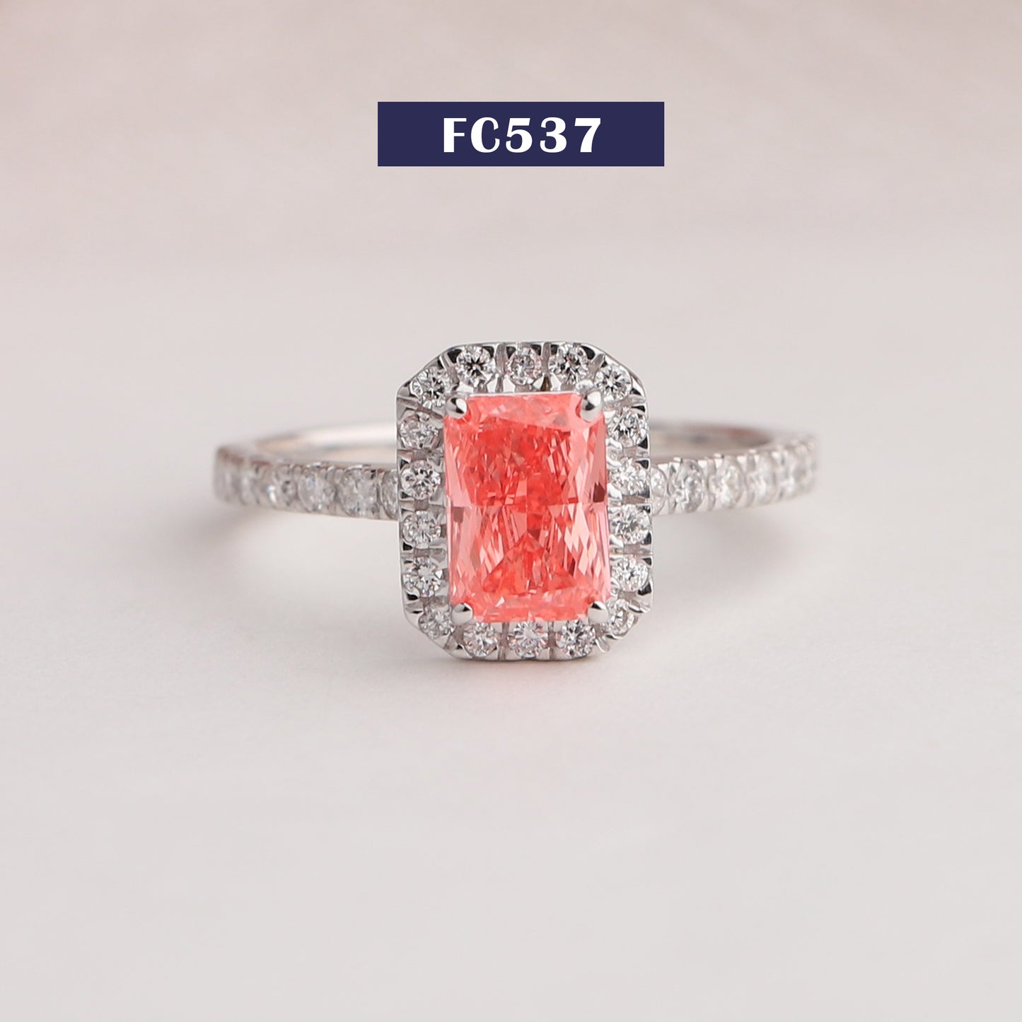 Pink Radiant  Cut Halo  With Accent  Diamond  Ring
