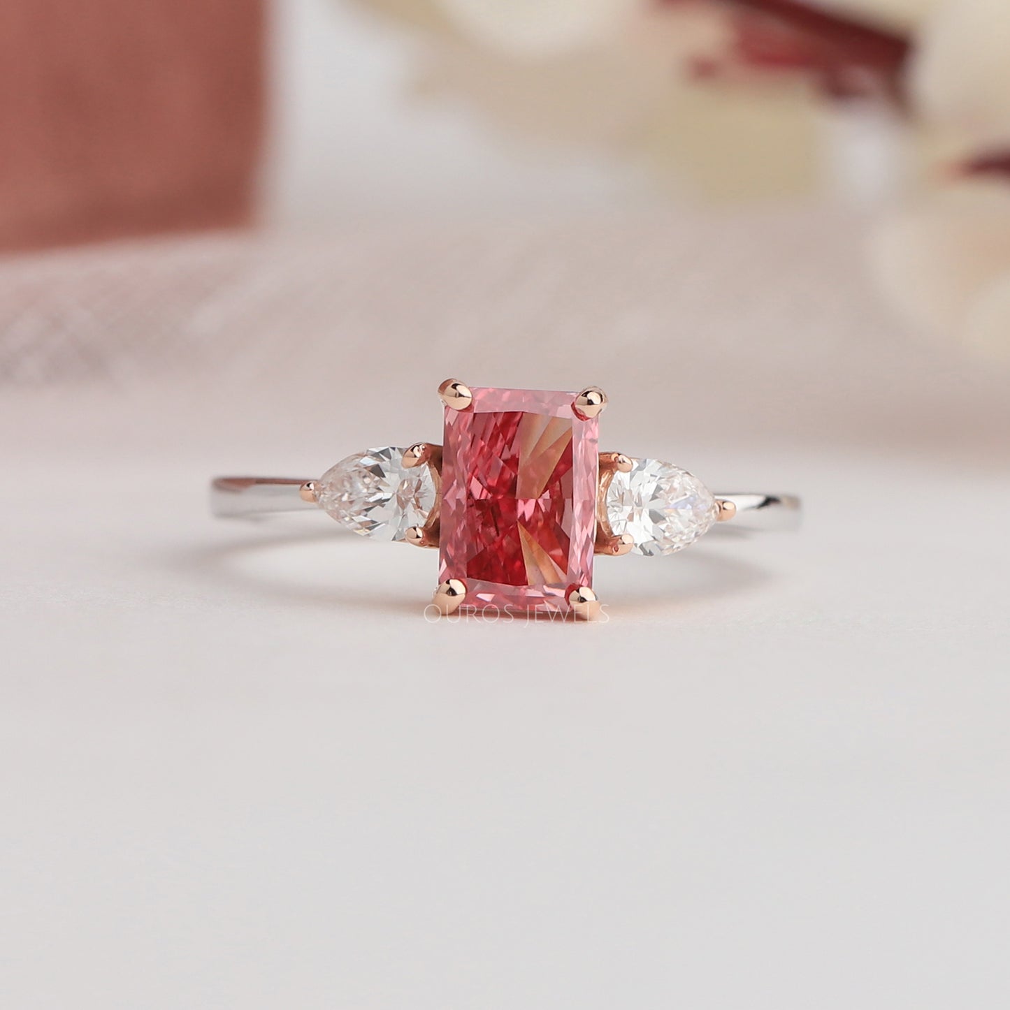 Pink Radiant Cut Two Tone Engagement Ring