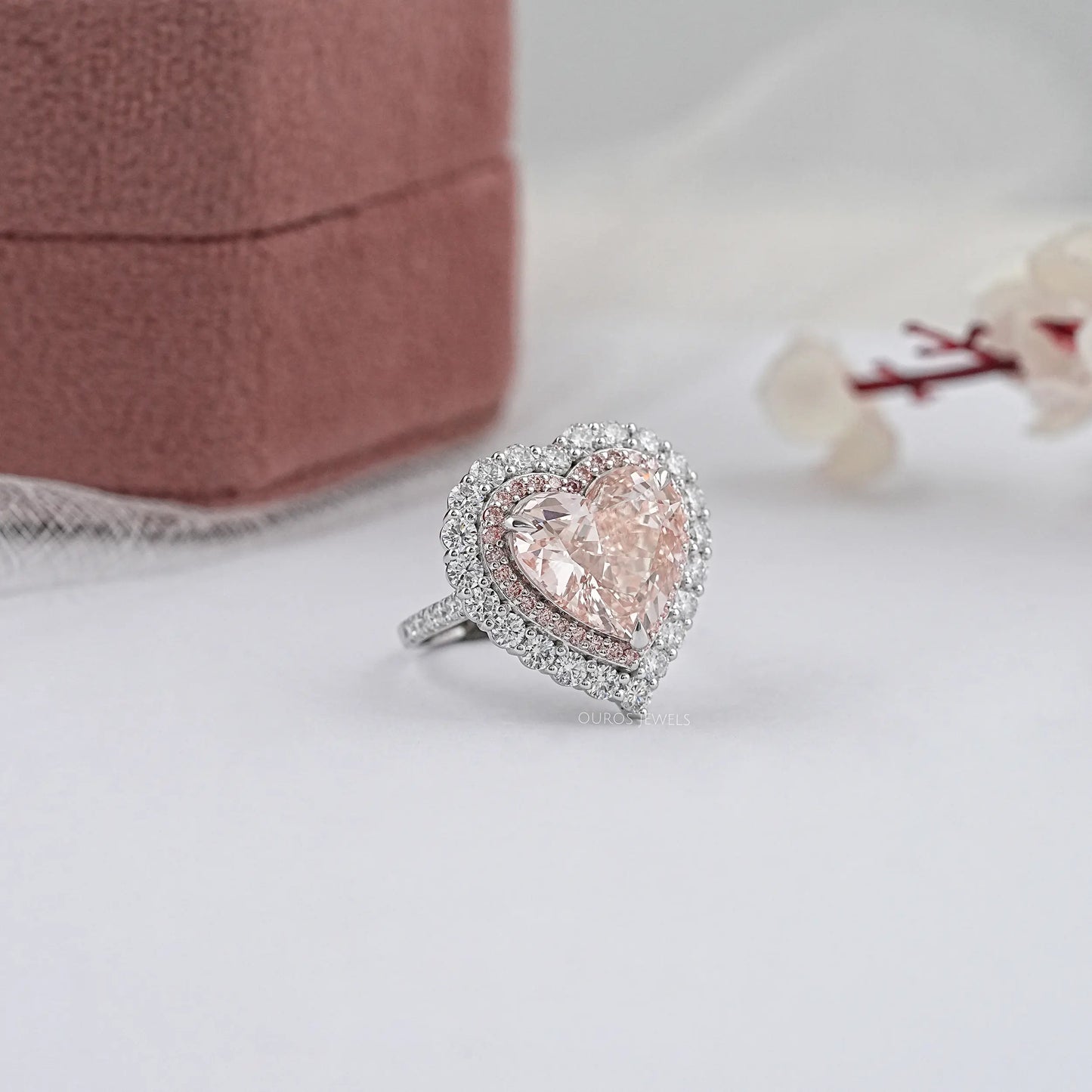 Heart Shape Pink Lab Diamond Halo With Accent Ring