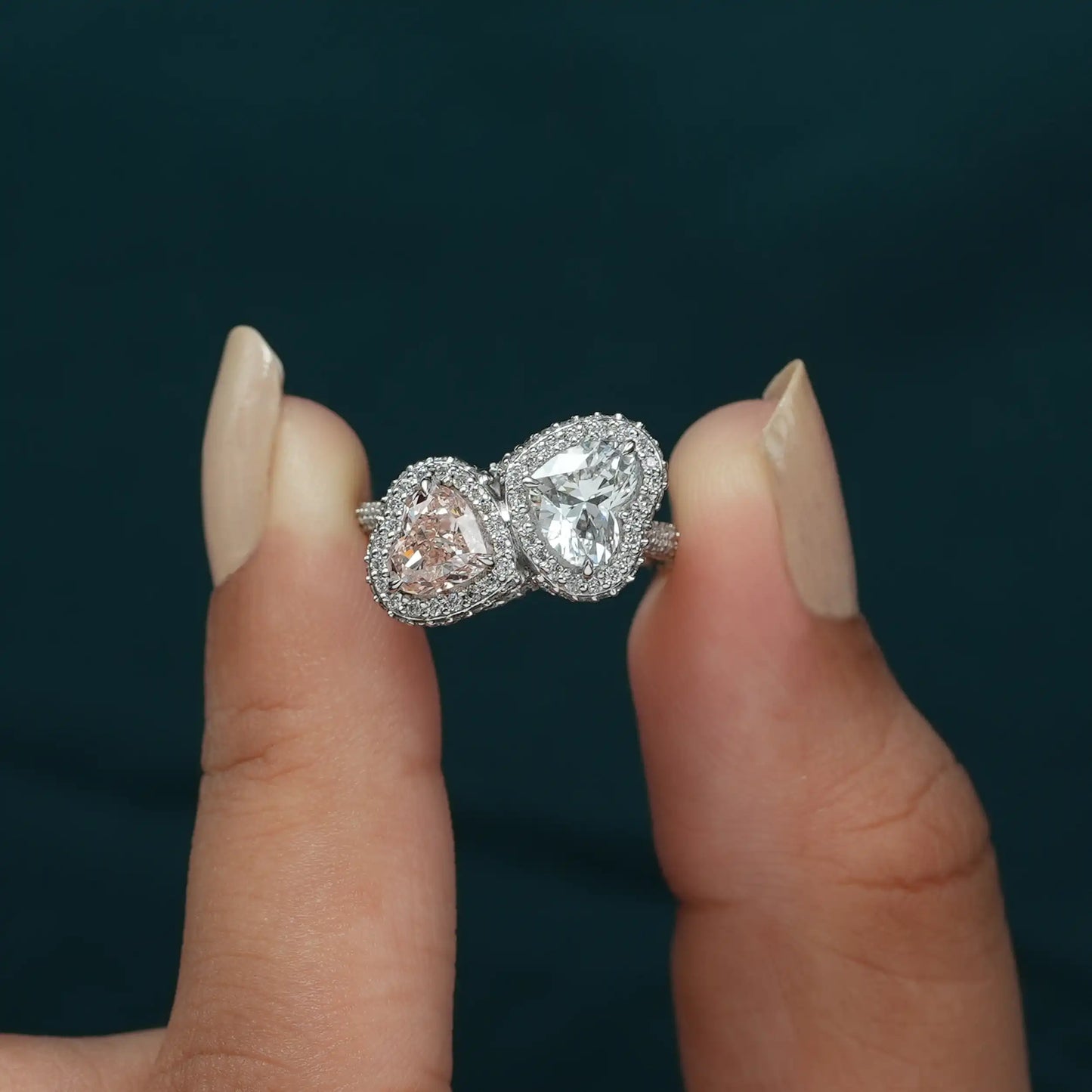 Two Stone Fancy Pink Heart Cut Halo Diamond Engagement Ring