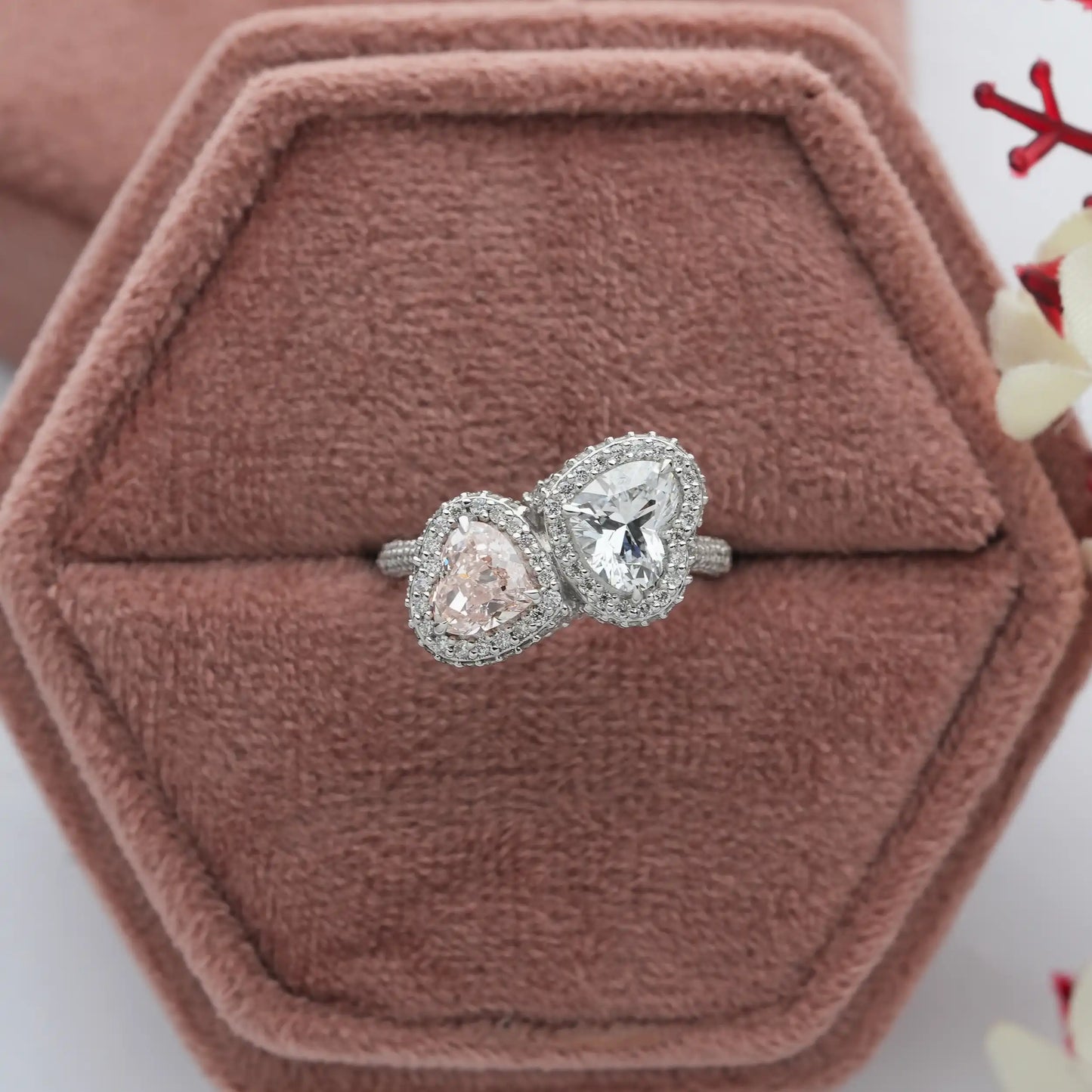 Two Stone Fancy Pink Heart Cut Halo Diamond Engagement Ring