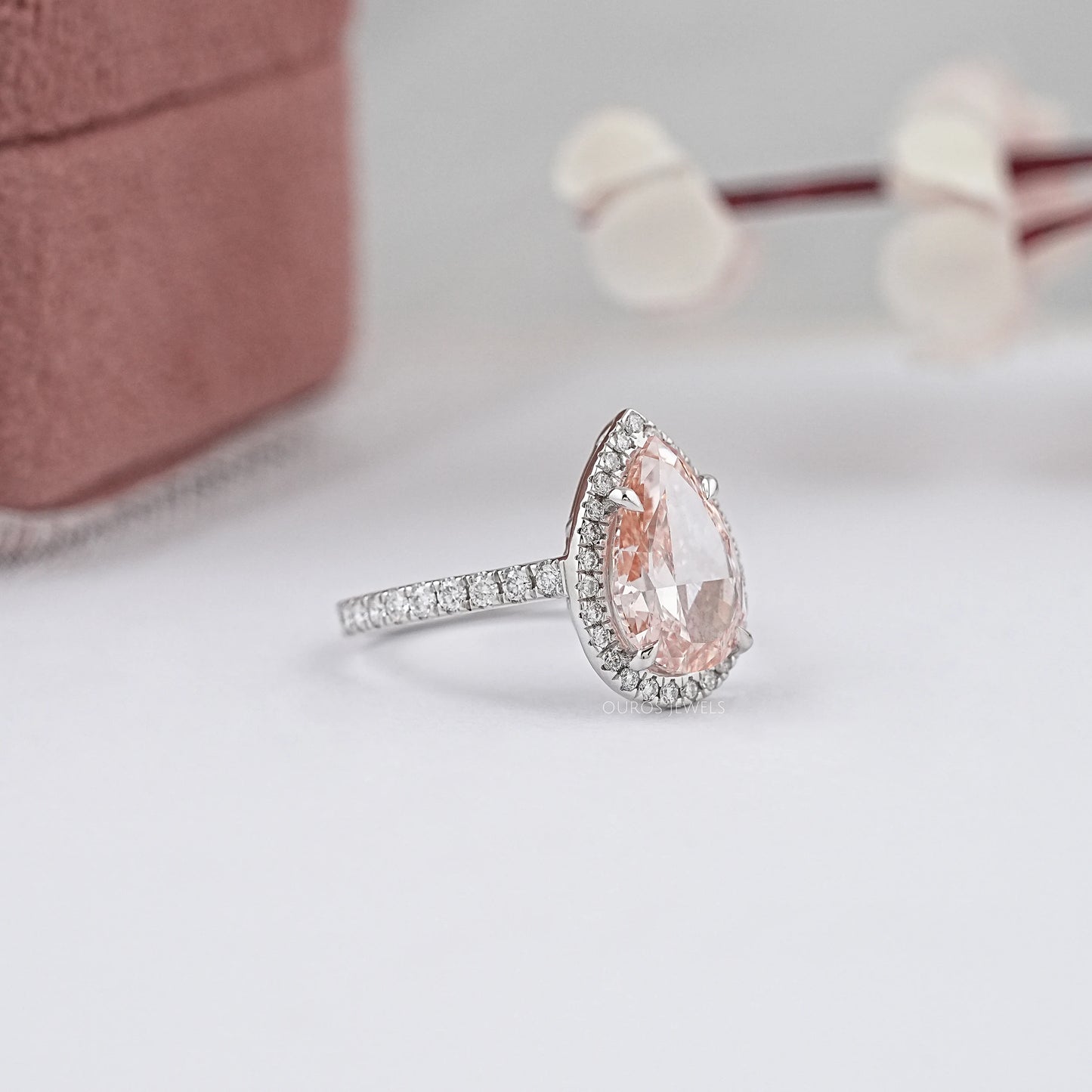 Pink Pear Cut Halo With Accent Lab Diamond Ring