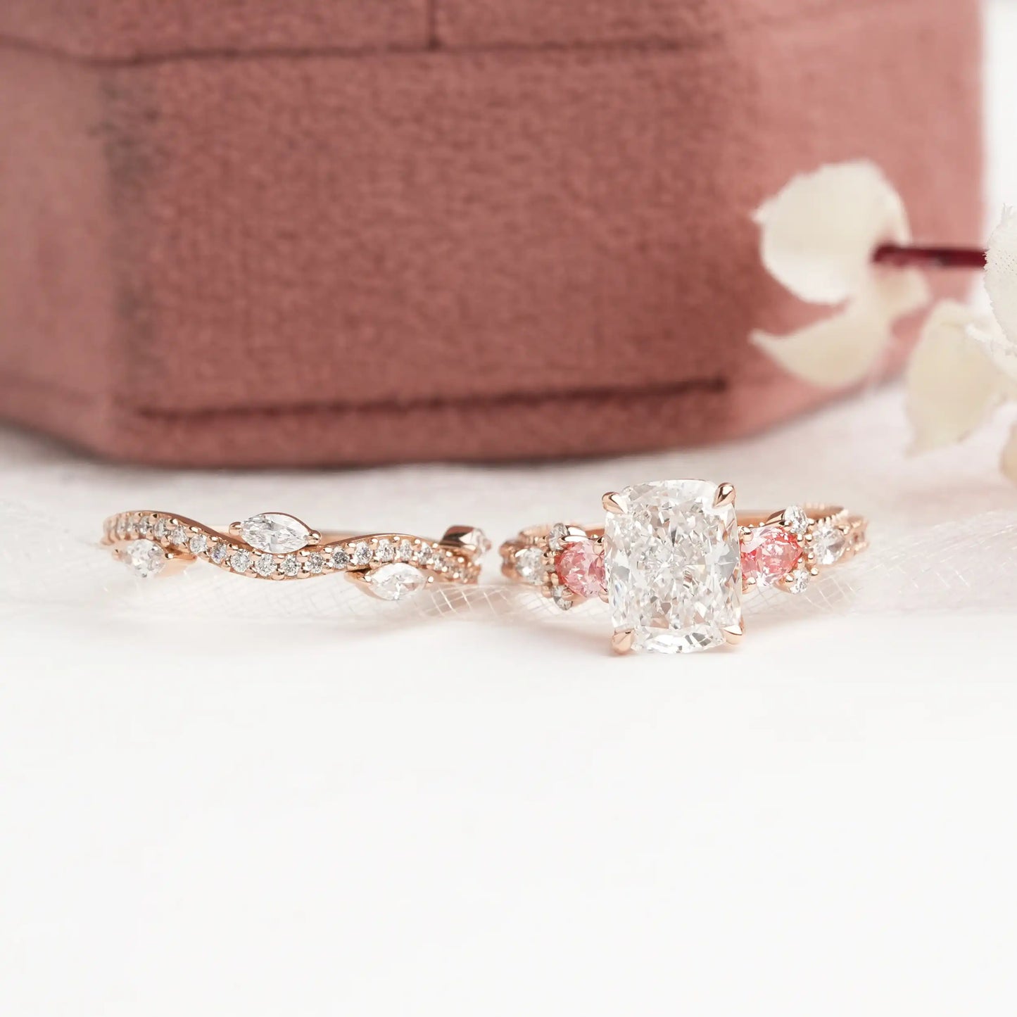 Cushion Cut With Fancy Pink Pear Lab Diamond Bridal Ring Set