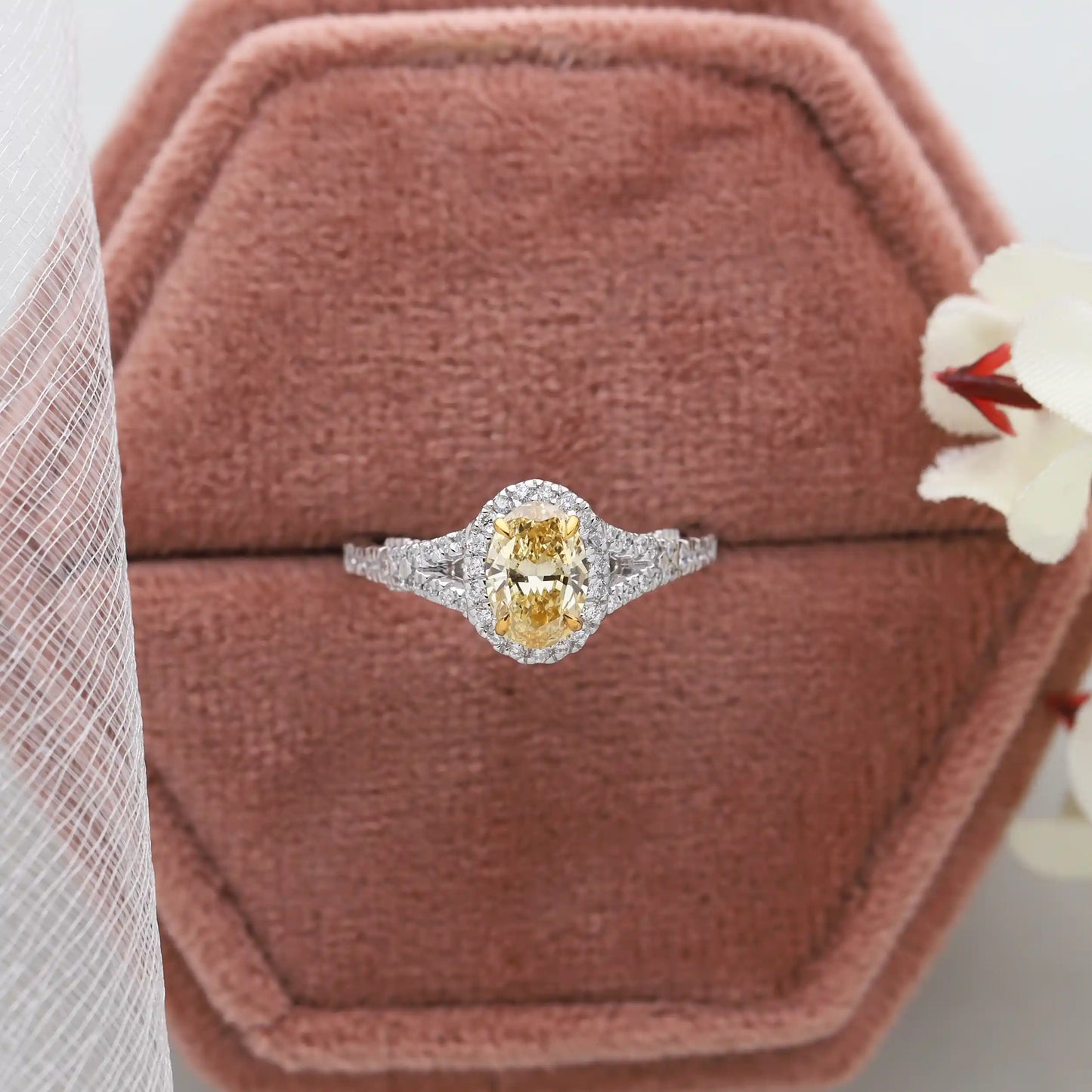 Yellow Oval Lab Diamond Halo Split Shank Engagement Ring