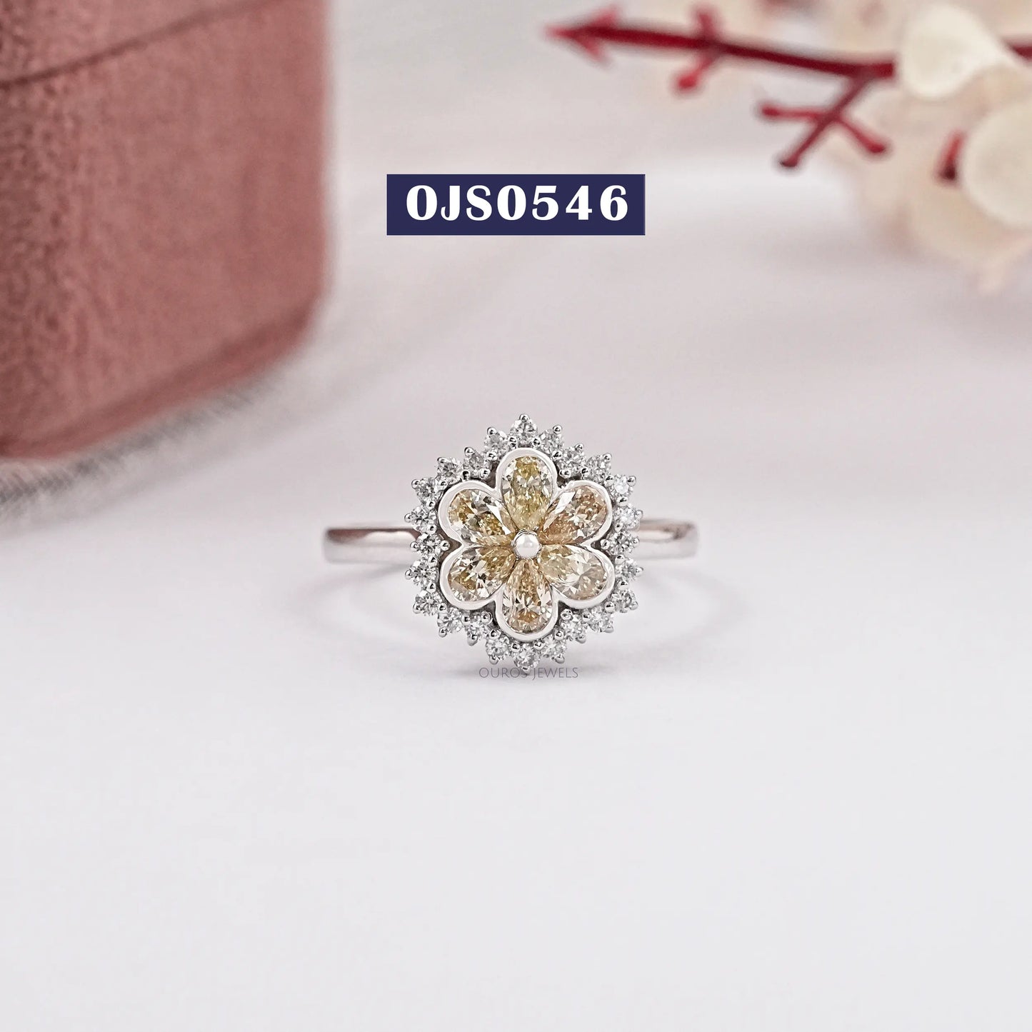 Flower Shape Yellow Pear Cut Lab Diamond Ring