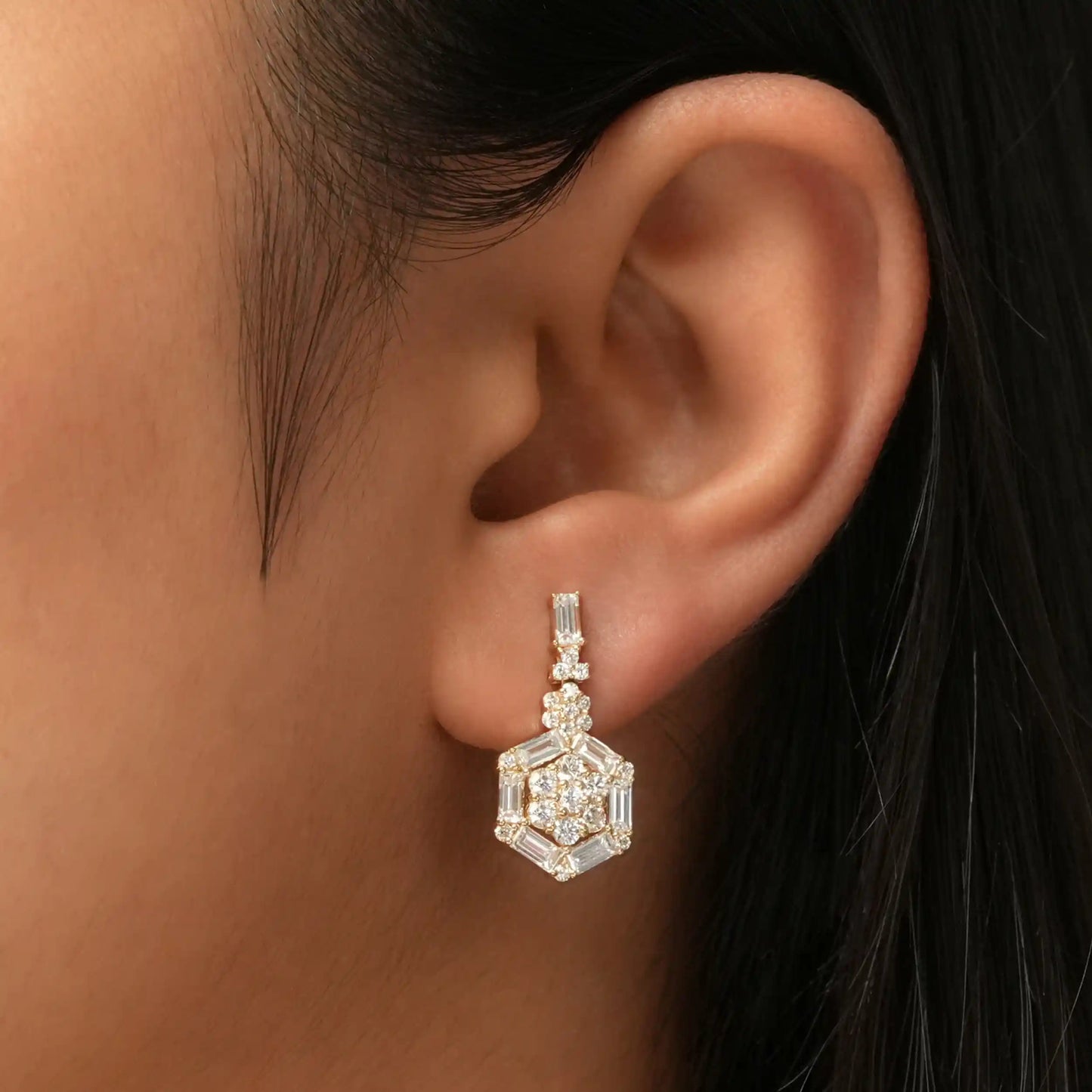 Flower Round Cut Halo Baguette Lab Diamond Earring