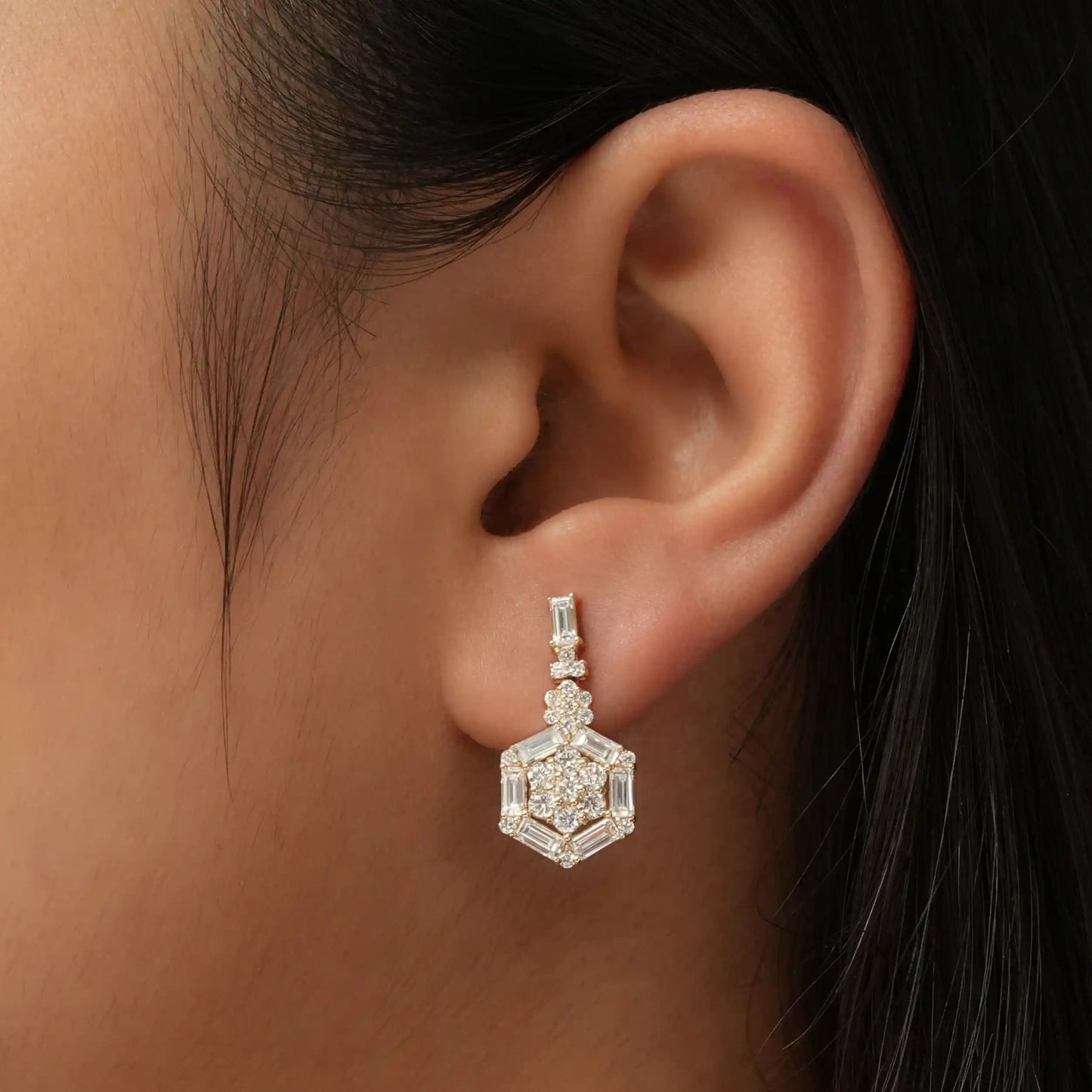Flower Round Cut Halo Baguette Lab Diamond Earring