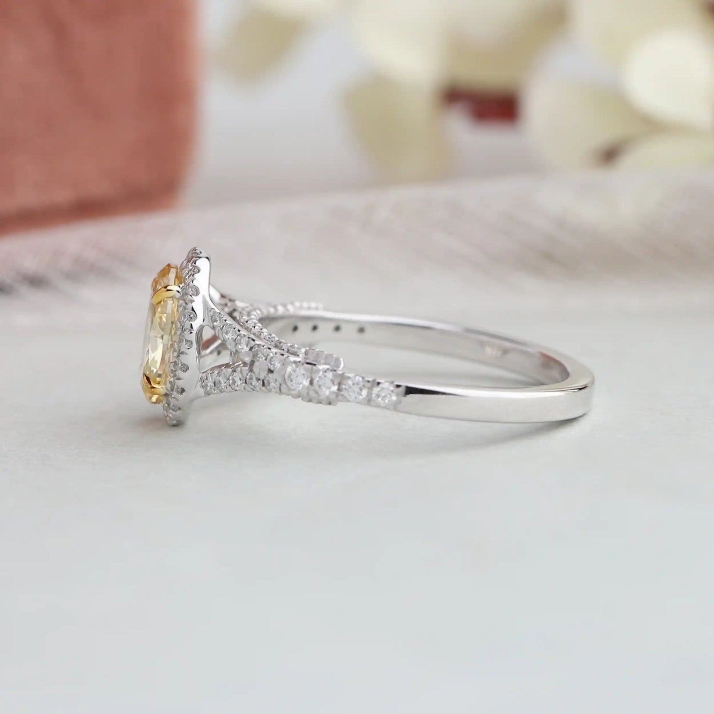 Yellow Oval Lab Diamond Halo Split Shank Engagement Ring