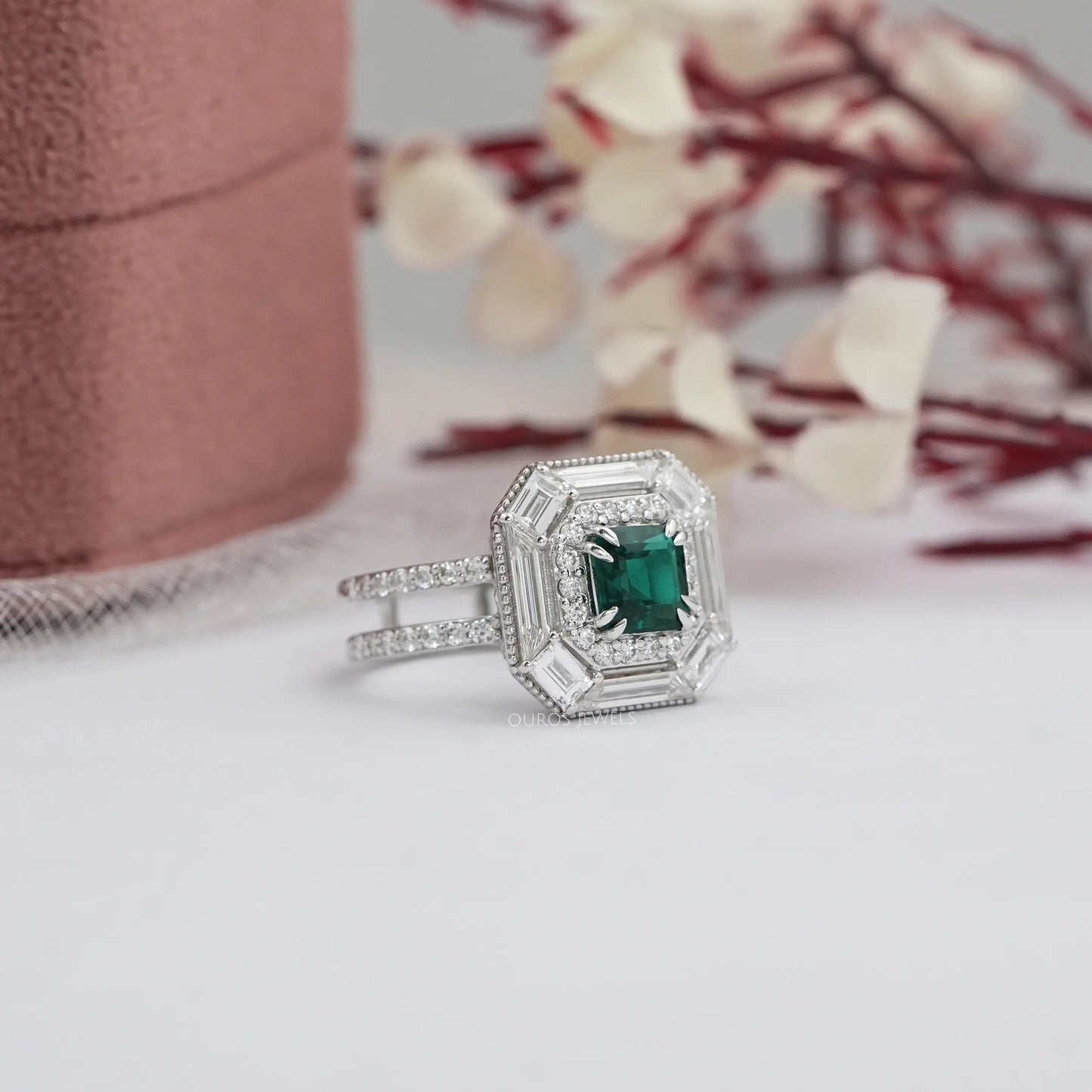 Green Asscher Cut Double Halo Engagement Ring