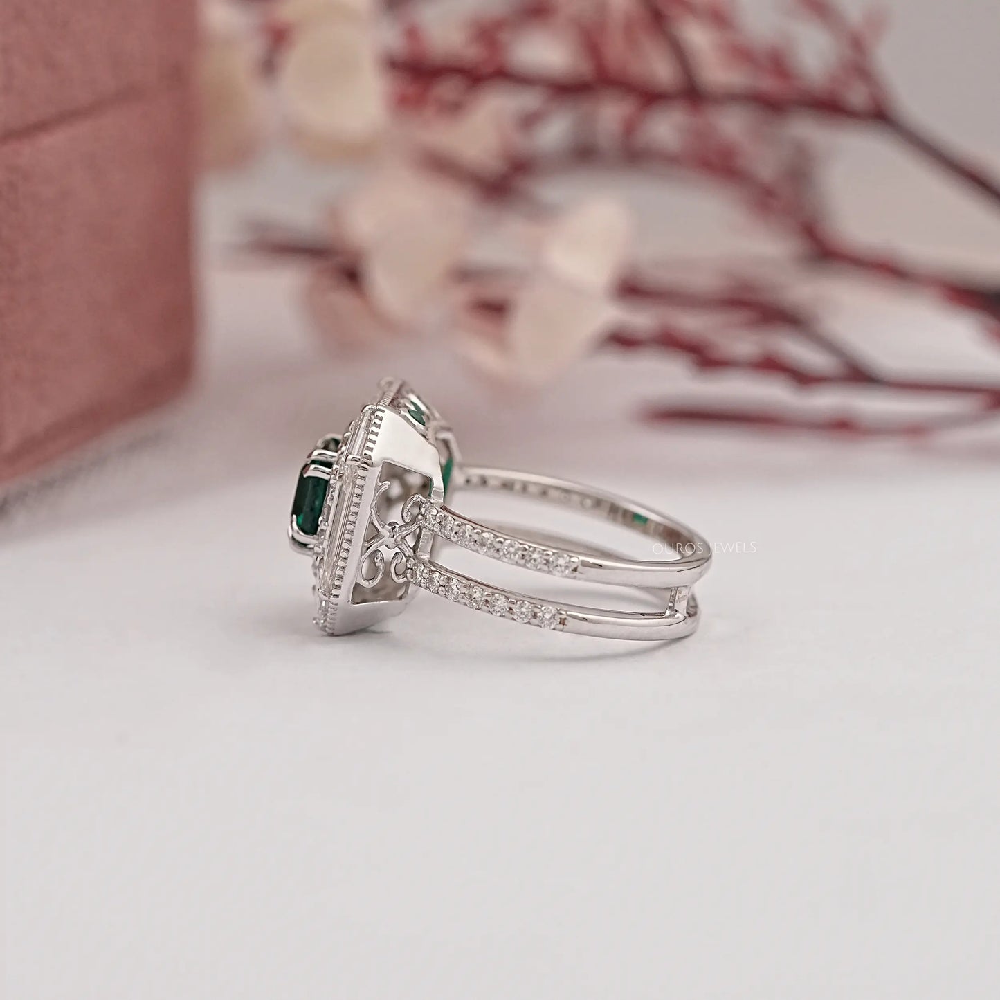 Green Asscher Cut Double Halo Engagement Ring