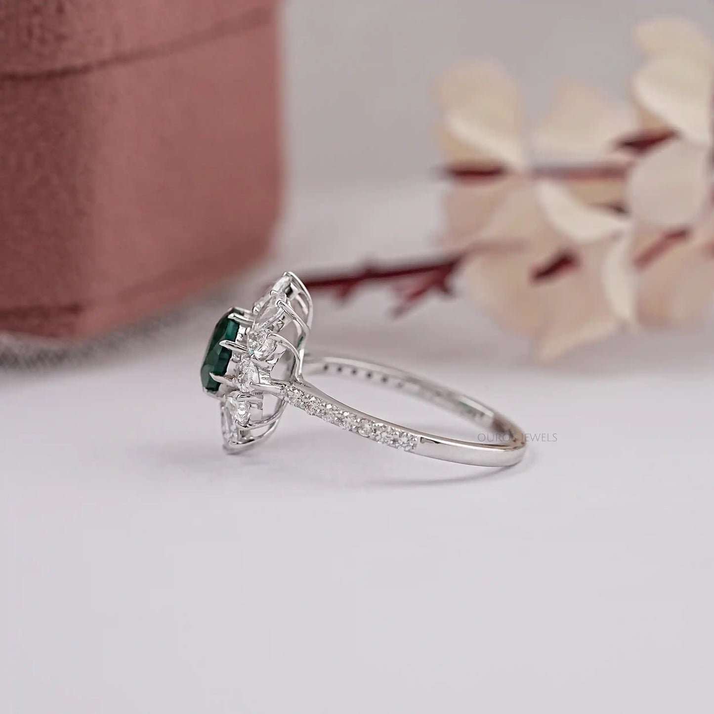 Green Cushion Cut Halo With Accent Ring