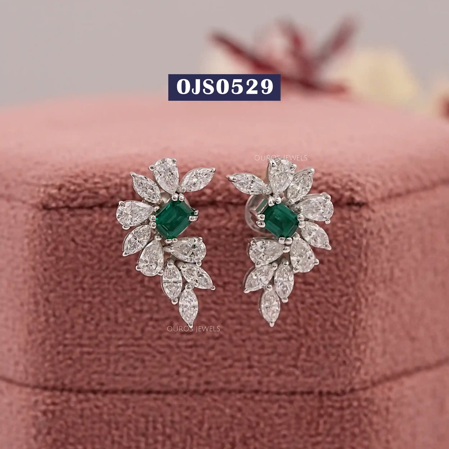 Green Emerald Cut Cluster Lab Diamond Earring
