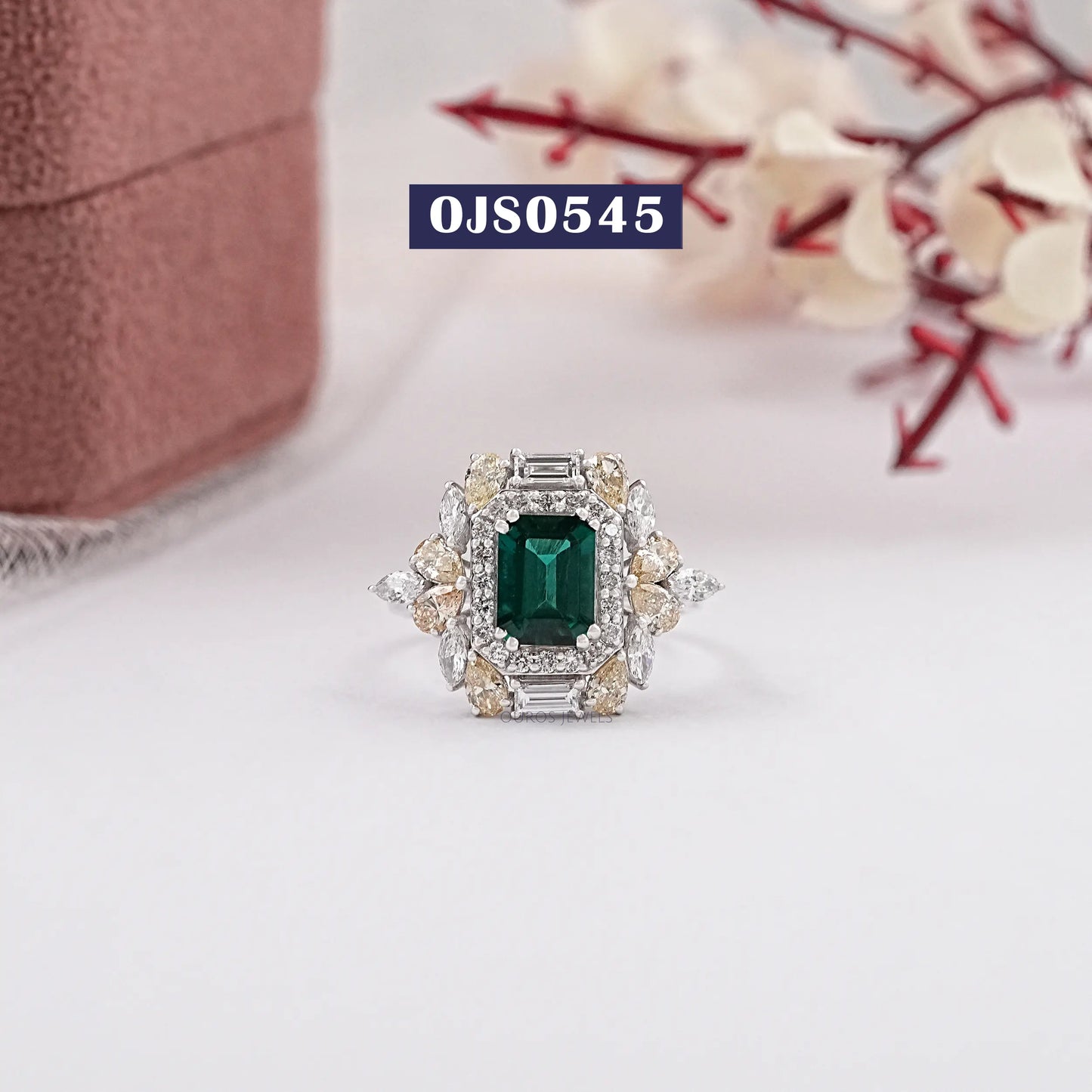 Green Emerald Cut Double Halo Diamond Ring