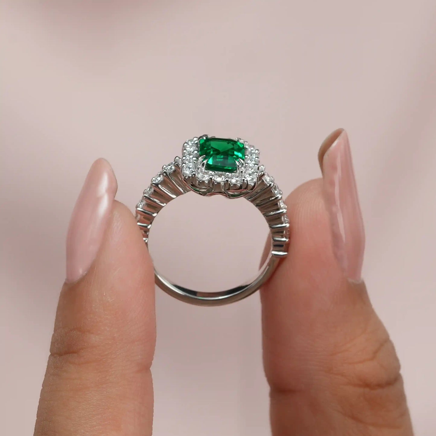 Green Emerald Cut Halo With Accent Diamond Engagement Ring